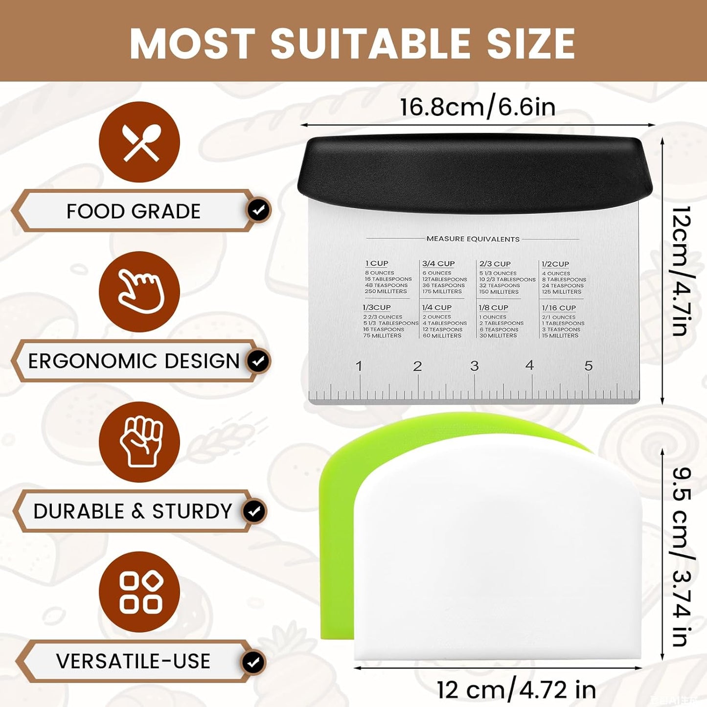 SCHVUBENR Premium Dough Scraper Set with 2 Flexible Bowl Scrapers - Stainless Steel Dough Cutter & Bench Scraper with Measuring Scale - Versatile Kitchen Scraper for Bread, Pastry, Pizza, Cake - Black