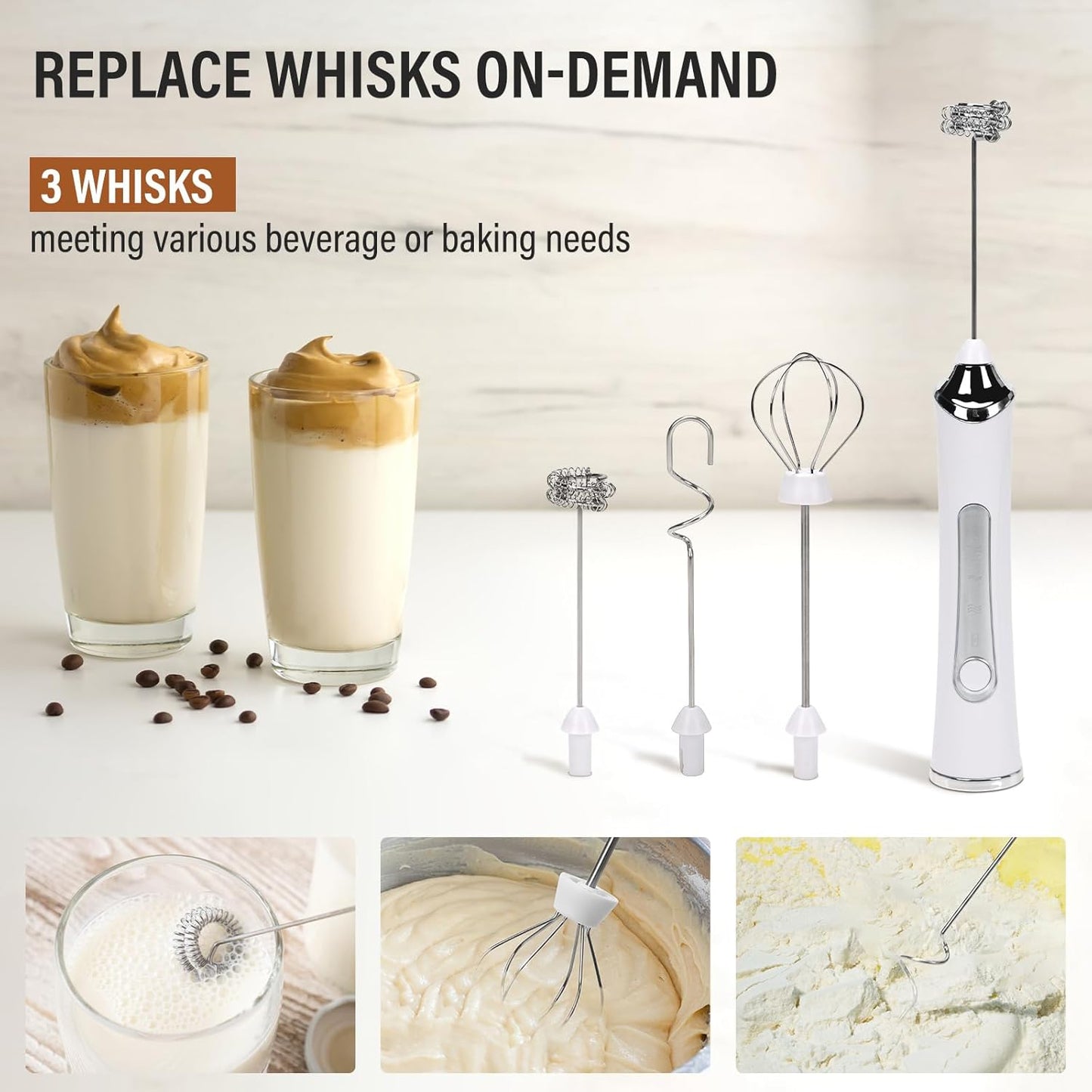 Rechargeable Milk Frother with Stand - 3 Speed Adjustable Electric Whisk, 3 Detachable Stainless Steel Heads for Latte, Cappuccino, Matcha, Egg (White)