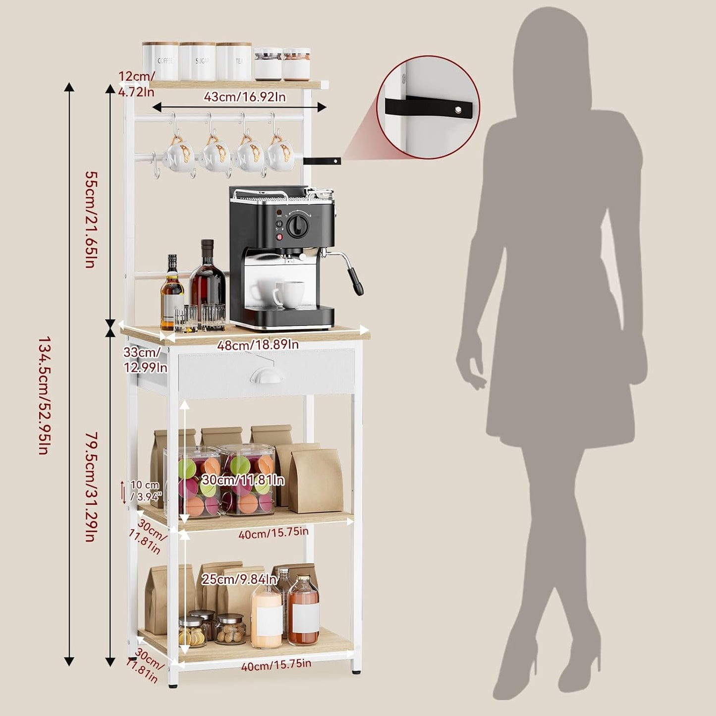 YMYNY 5 Tier Coffee Bar Station, Coffee Stand with Fabric Drawers, 8 S-Shaped Hooks, Corner Bar Cabinet, Height Adjustable, Bakers Rack for Kitchen, Living Room, Natural HBR009R