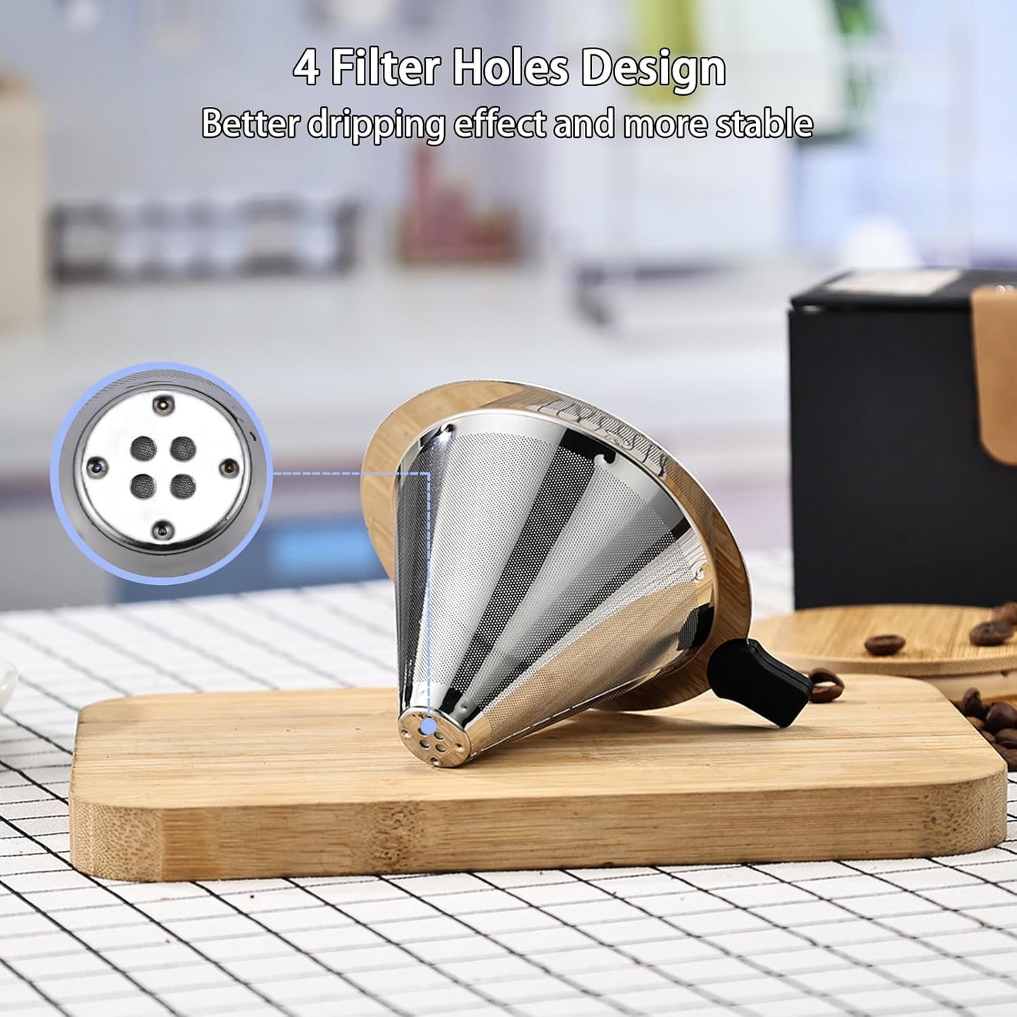 Small Size Pour Over Coffee Filter Dripper, Stainless Steel Metal Cone Drip Coffee Filter, Paperless and Permanently Reusable, Double Mesh Coffee,Tea Filter for 1-2 Cups