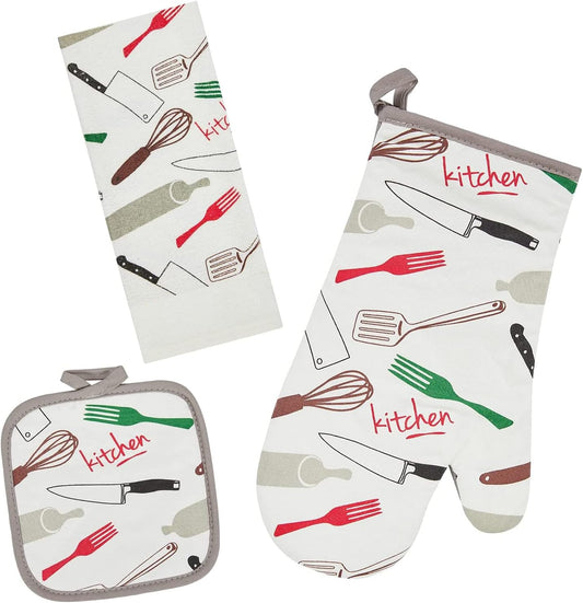 Oven Mitts and Potholders Dish Towles Set 100% Cotton for Perfect for Gifting, Baking, and Everyday Cooking Durable Heat Resistant for Kitchen and Machine Washable (3-Piece Fork and Knife)