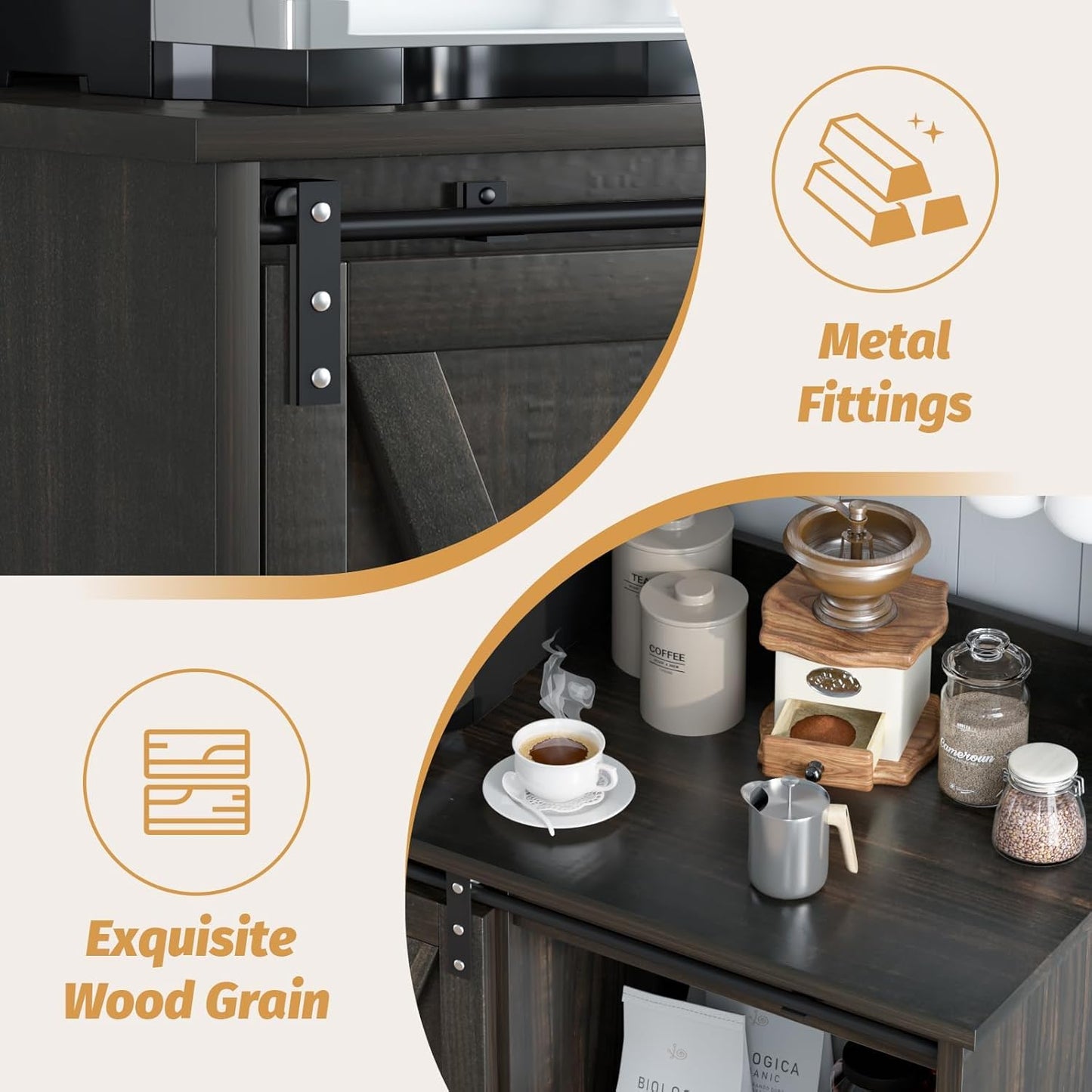 4ever2buy Farmhouse Coffee Bar with Hutch, 31 Inch Buffet Cabinet with Sliding Barn Door, Storage Bar Cabinet with 6 Hooks, Coffee Bar Table with Adjustable Shelves for Living Dining Room, Oak