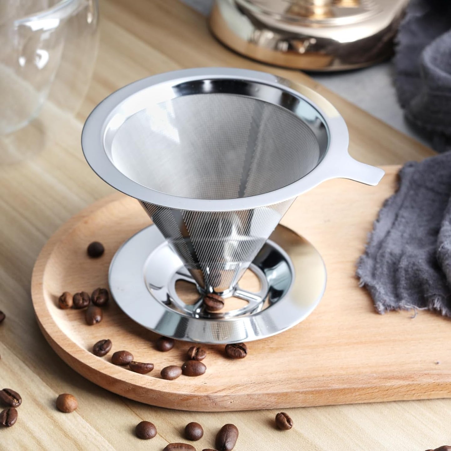 Pour Over Coffee Dripper Stainless Steel Coffee Filter Cone Coffee Filters Double Mesh Design Reusable