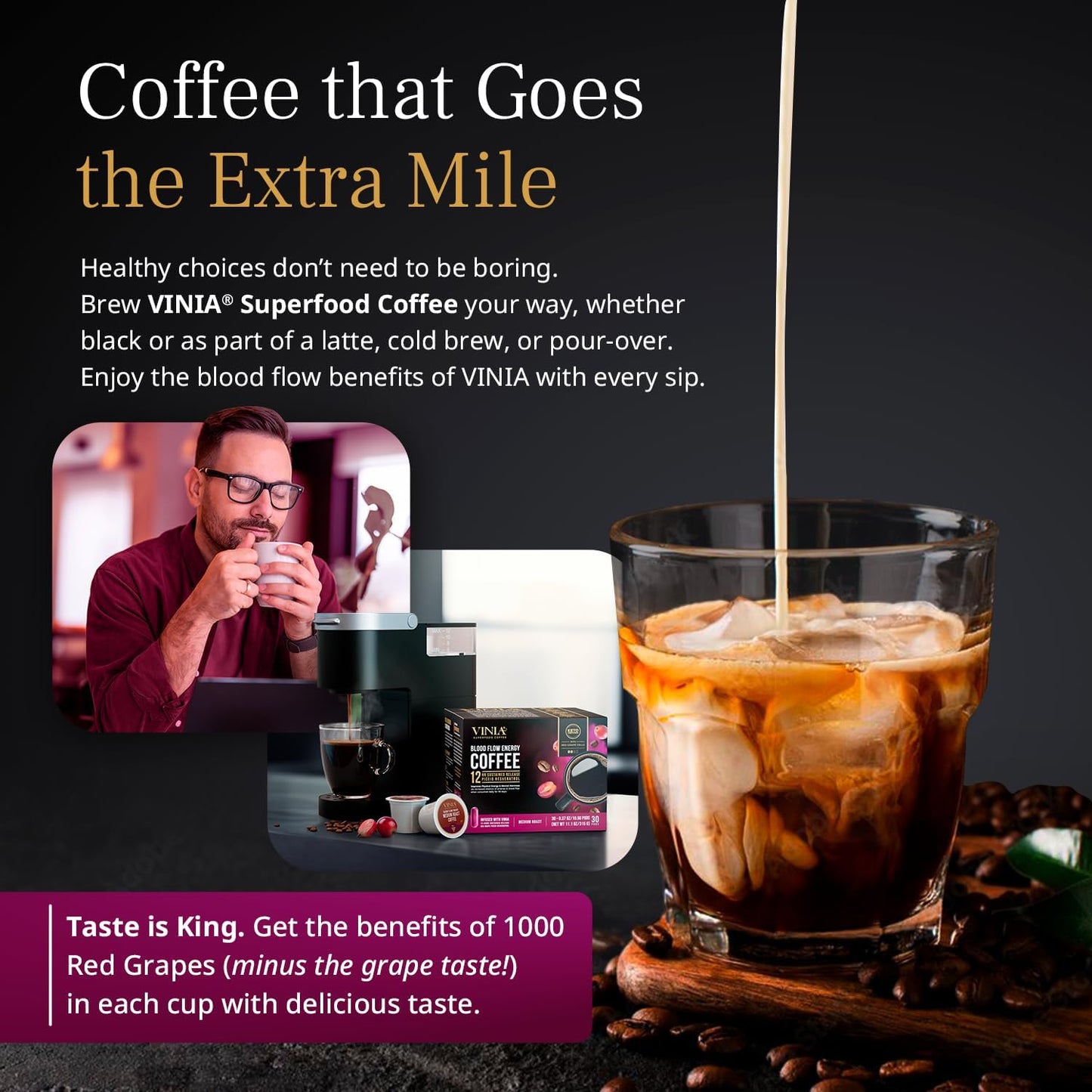 VINIA Blood Flow Energy Coffee Pods - Medium Roast Infused with Red Grape Piceid Resveratrol for Physical Energy & Mental Alertness, Compatible with K Cups Superfood Coffee, Full-Bodied, 30 Ct