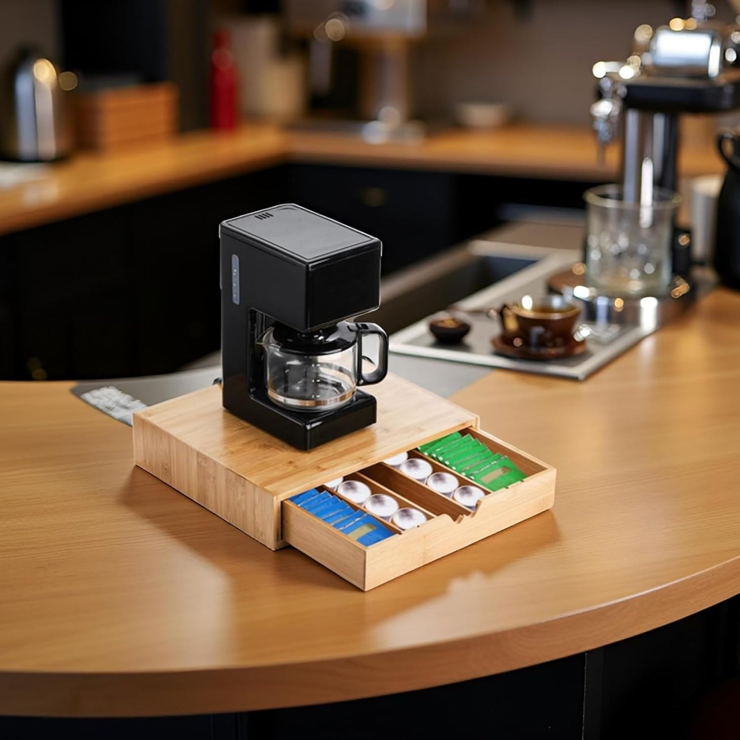 Peohud Bamboo Coffee Pod Drawer, Espresso Coffee Capsule Holder with 5 Adjustable Compartment, Tea Bag Storage Organizer for Kitchen Counter Office