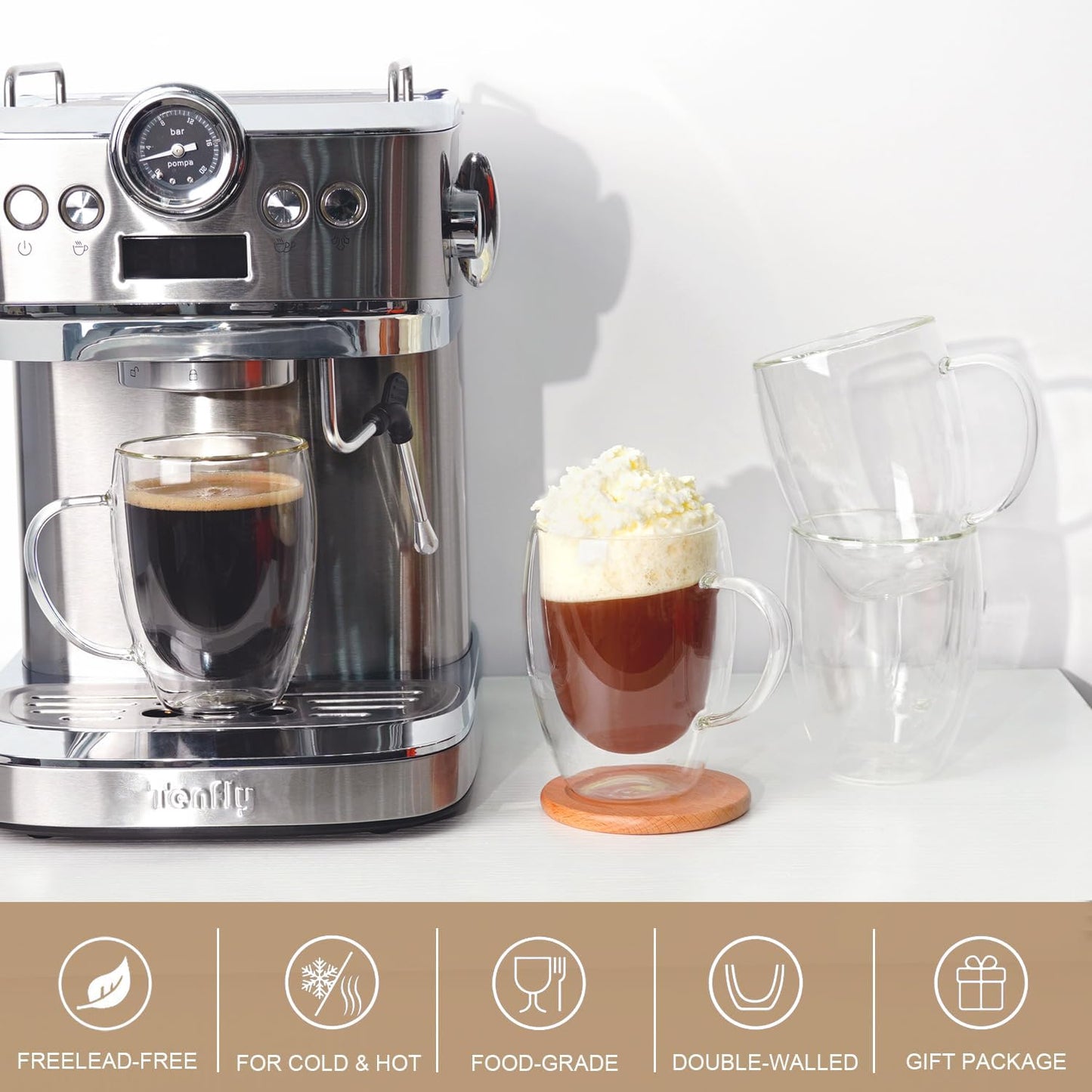 Double Wall Glass Coffee Mugs 12 OZ, Clear Coffee Cup With Handle,Insulated Coffee Mugs Set of 4 With Spoons Perfect for Espresso, Cappuccino, Latte, American,Tea Bag, Beverage