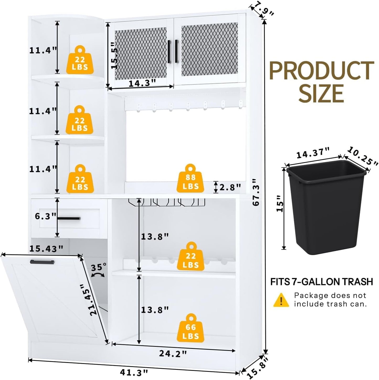 67.3" Tall Modern Kitchen Pantry Storage Cabinet with Drawer and Shelves, Tilt Out Trash Can, Coffee Bar Wine Cabinet with LED Lights and Power Outlet, Wine Glass Rack, 2 Mesh Doors (White)