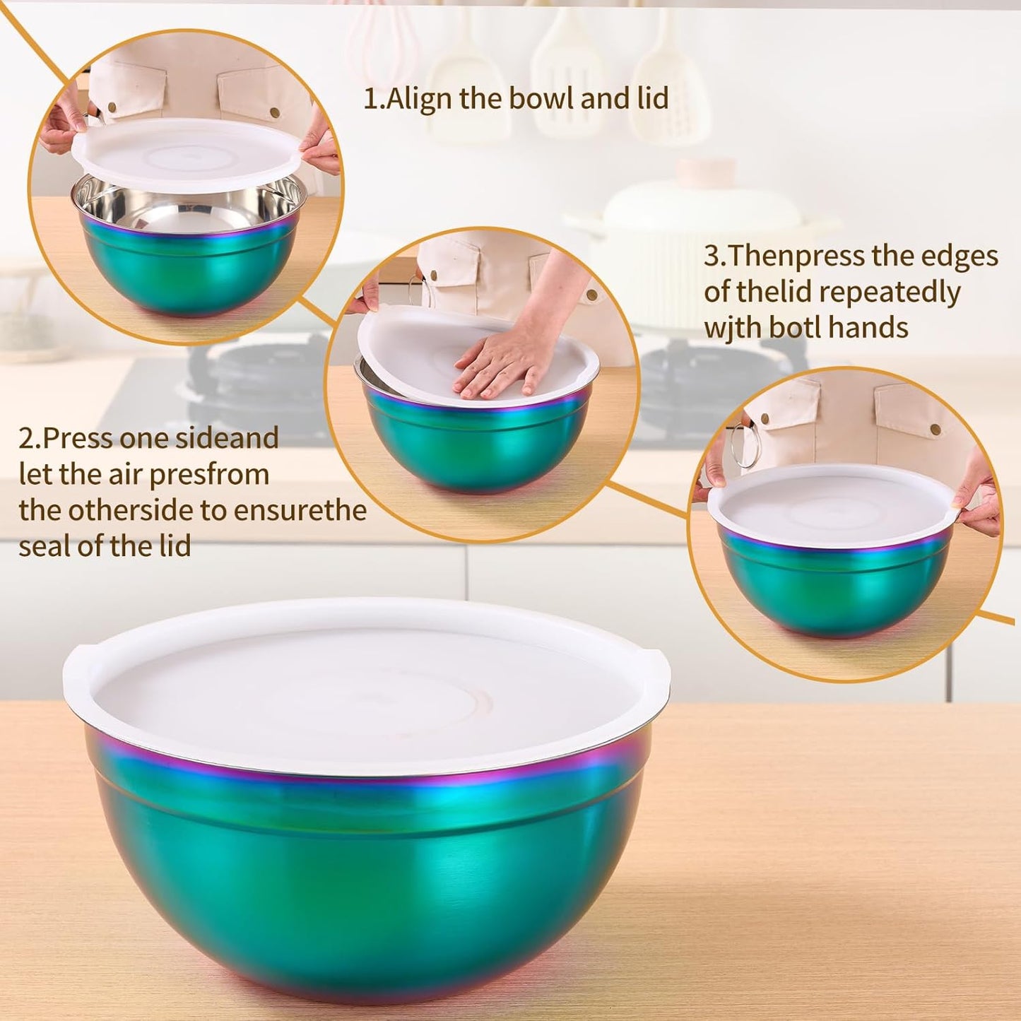 Rainbow Mixing Bowls With Airtight Lids,Stainless Steel Bowl,Salad Bowls 5 Piece Colorful Nesting Bowl Rainbow Kitchen Accessories,Size 5.5,3.6,2.7,2.1,1.5,QT Stackable Design