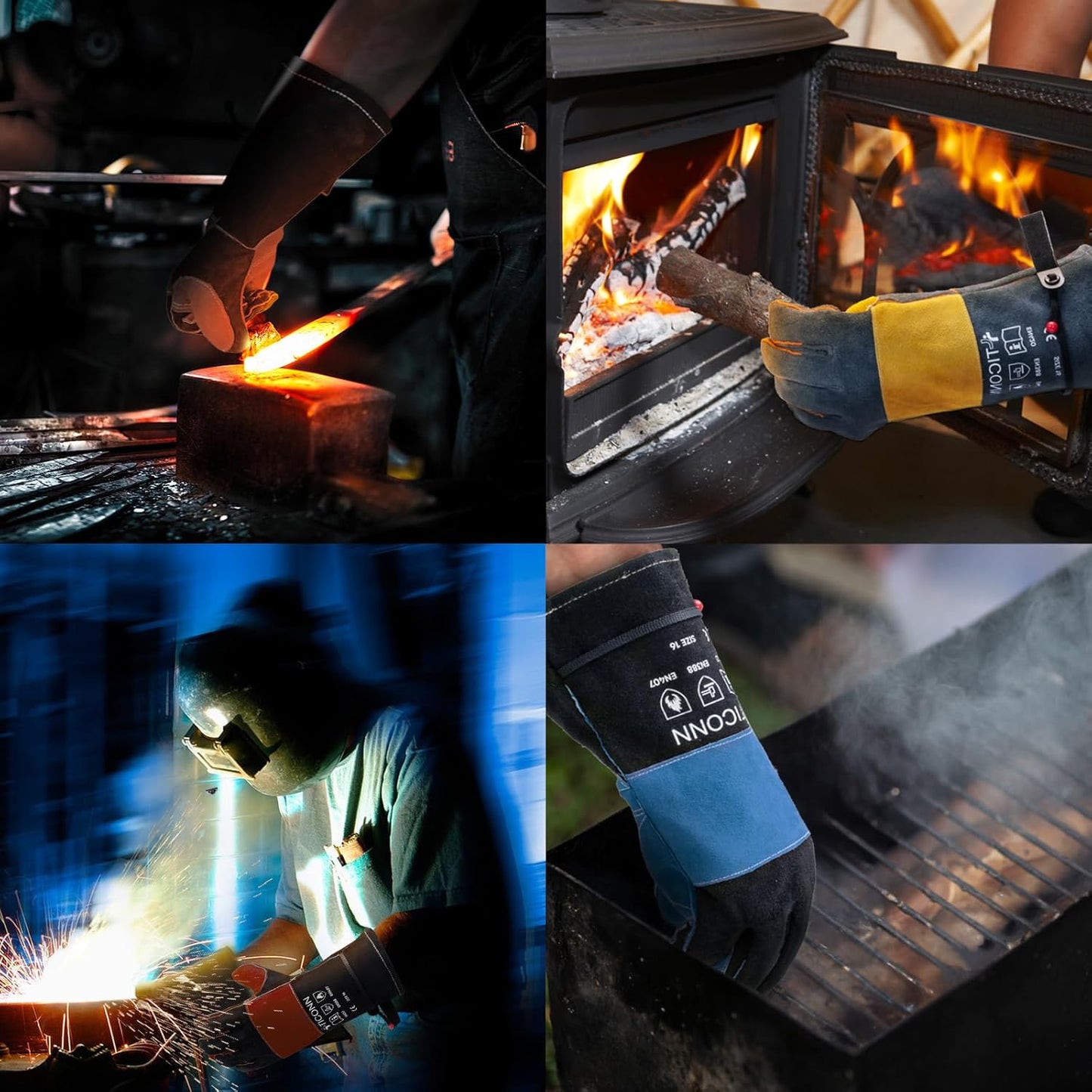 TICONN Welding Gloves, 1000°F Heat-Resistant Fireproof Leather Gloves for Welders, Stick, Forge, Mig, Tig, BBQ, Baking, Oven