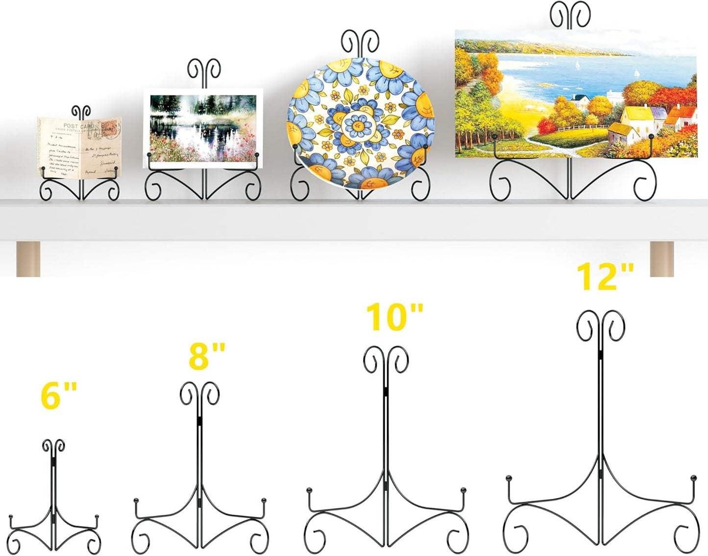 Plate Display Stands with Hinged Folding Design, 8 Inch Picture Frame Stand for Tables, Decorative Easels for Plates, Photos, Cards and Books, 8’’ Black