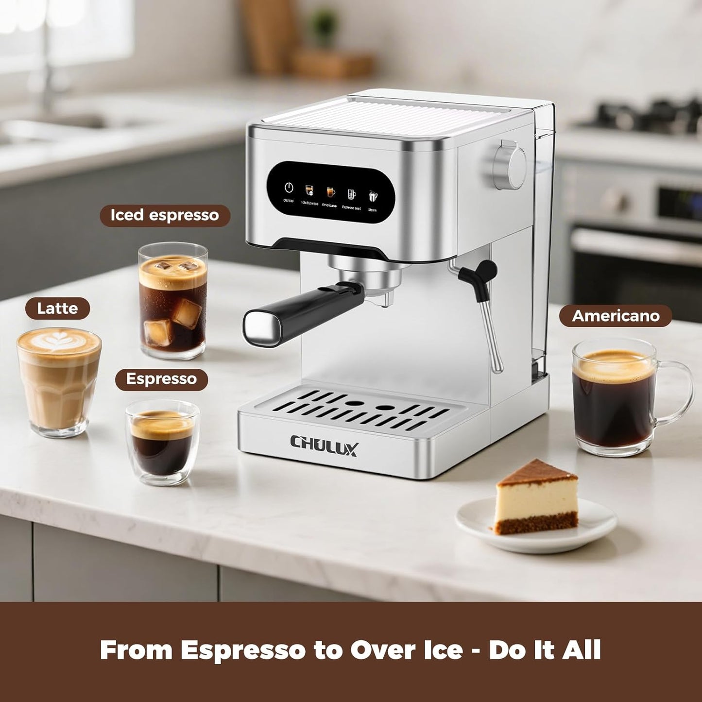 CHULUX Cold Brew Espresso Machine, 20 Bar Stainless Steel Touchscreen Cappuccino & Latte Machine with Steam Wand for Home