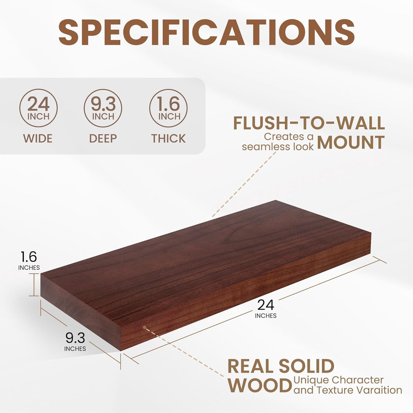 Floating Shelves, 9.3 Inch Deep Floating Shelves for Wall, Solid Wood Shelves 24 Inch Long, Deep Wall Shelves for Living Room, Bathroom, Kitchen, 24"W x 9.3"D x 1.6"H, Red Brown, Set of 2