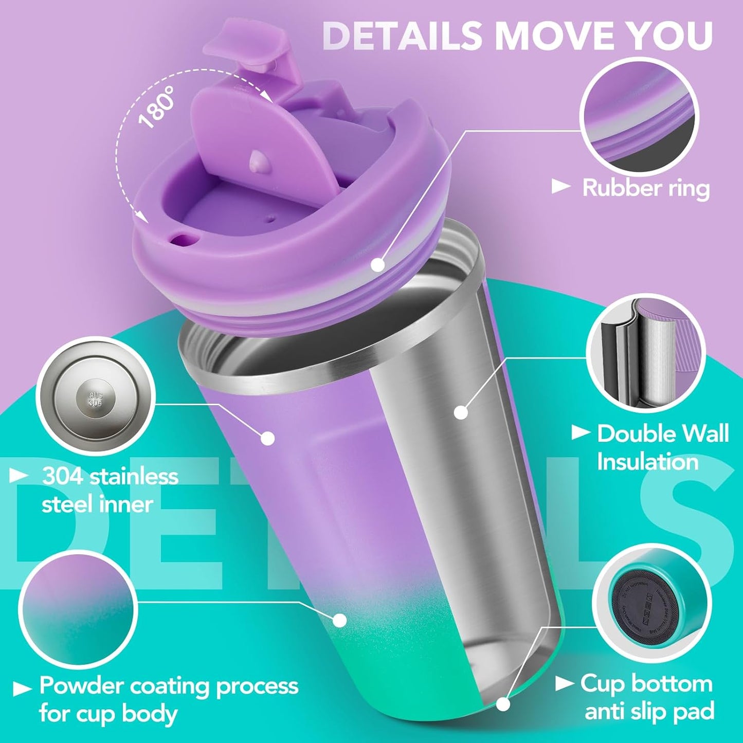 Volhoply 12 oz Double Wall Insulated Vacuum Travel Coffee Mug with Flip Lid,Reusable Stainless Steel Leak Proof Coffee Cup,Portable Iced Cafe Thermal Tumbler for Hot & Cold Drinks(Purple Green,1 Set)