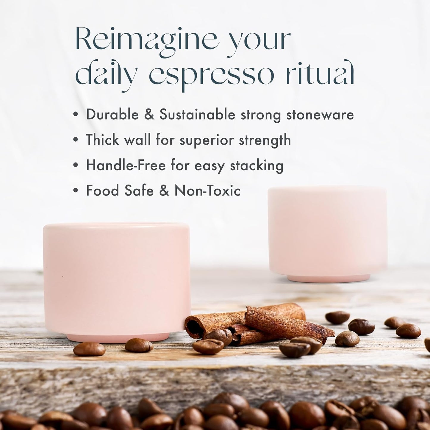 Folk Ceramics Leonard Ceramic Espresso Cups | Modern Stackable Demitasse Mugs for Espresso | Thick Walled, Handleless, Durable, Dishwasher & Microwave Safe | Set of 2, 3oz | Pale Pink