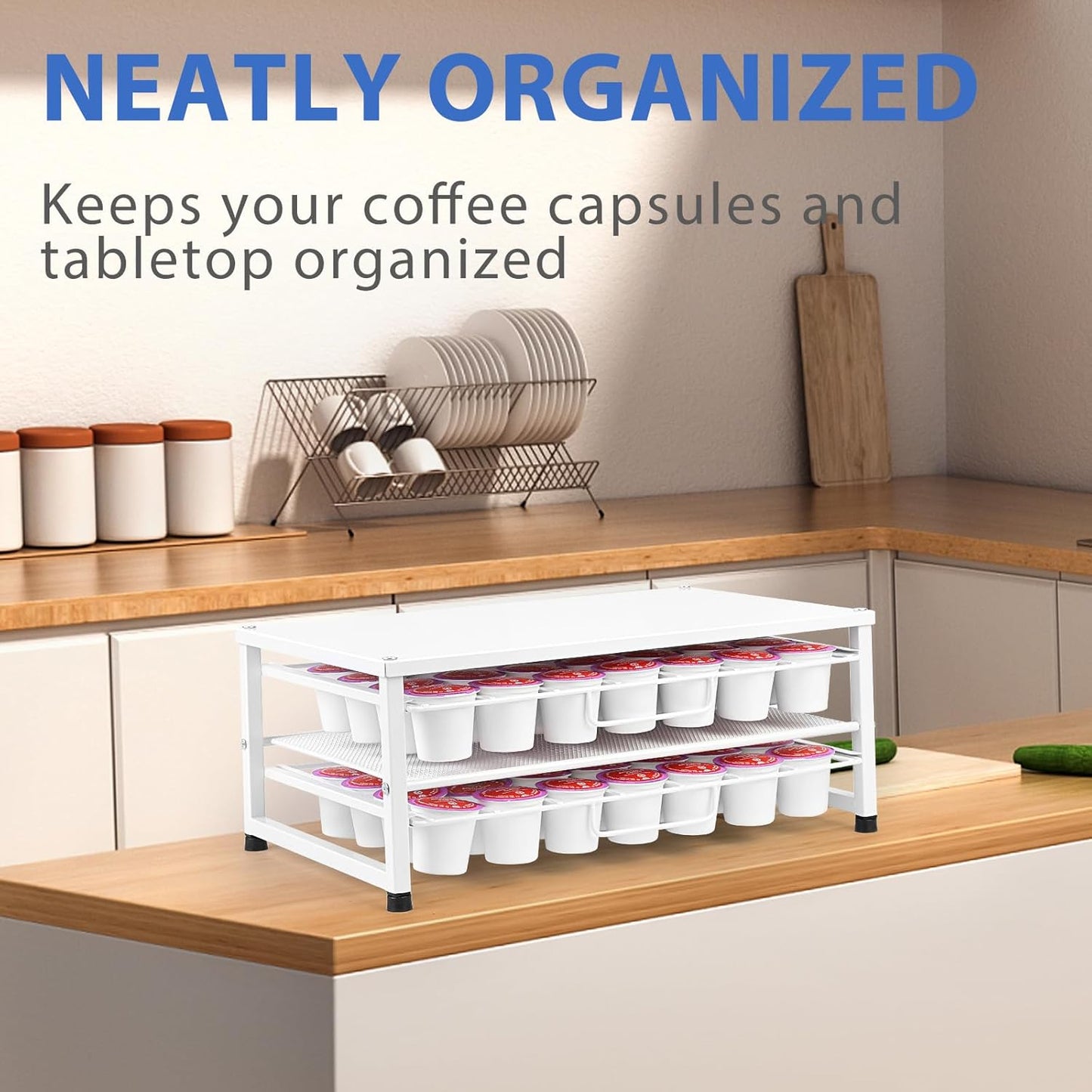 K Cup Holder Organizer for 70 Pods, 2-Tier Coffee Pod Holder for K-Cup with 2 Sliding Storage Drawers, Coffee Station Bar Organizer Accessories for Kitchen Countertop Home Office, White