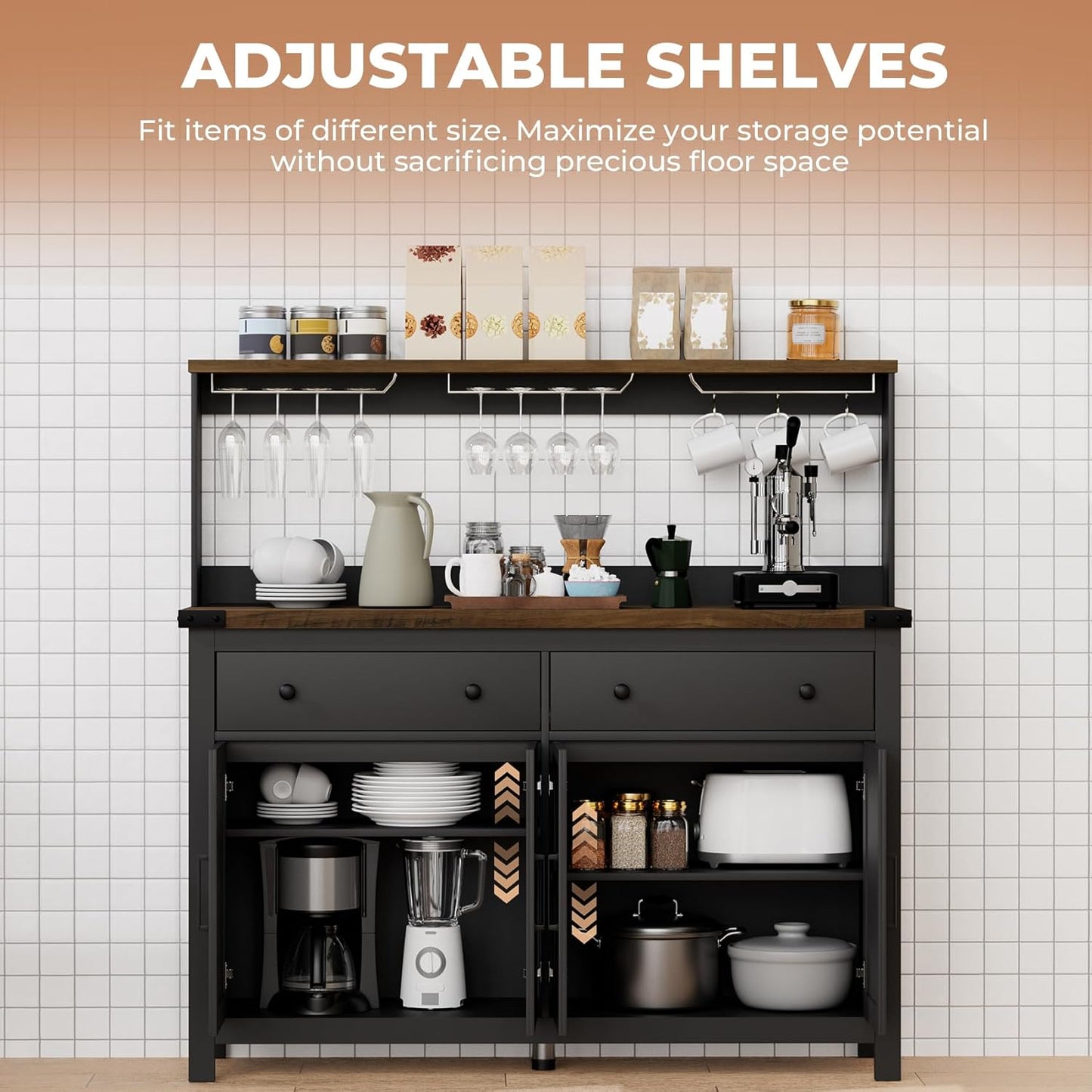 Hutch Storage Cabinet Buffet with Drawers, and Charging Station, Coffee Bar Cabinet with Barn Doors, Wine Rack and Hooks, Countertop, Long Farmhouse, Black, for Kitchen, Dining Room, 54.1" High