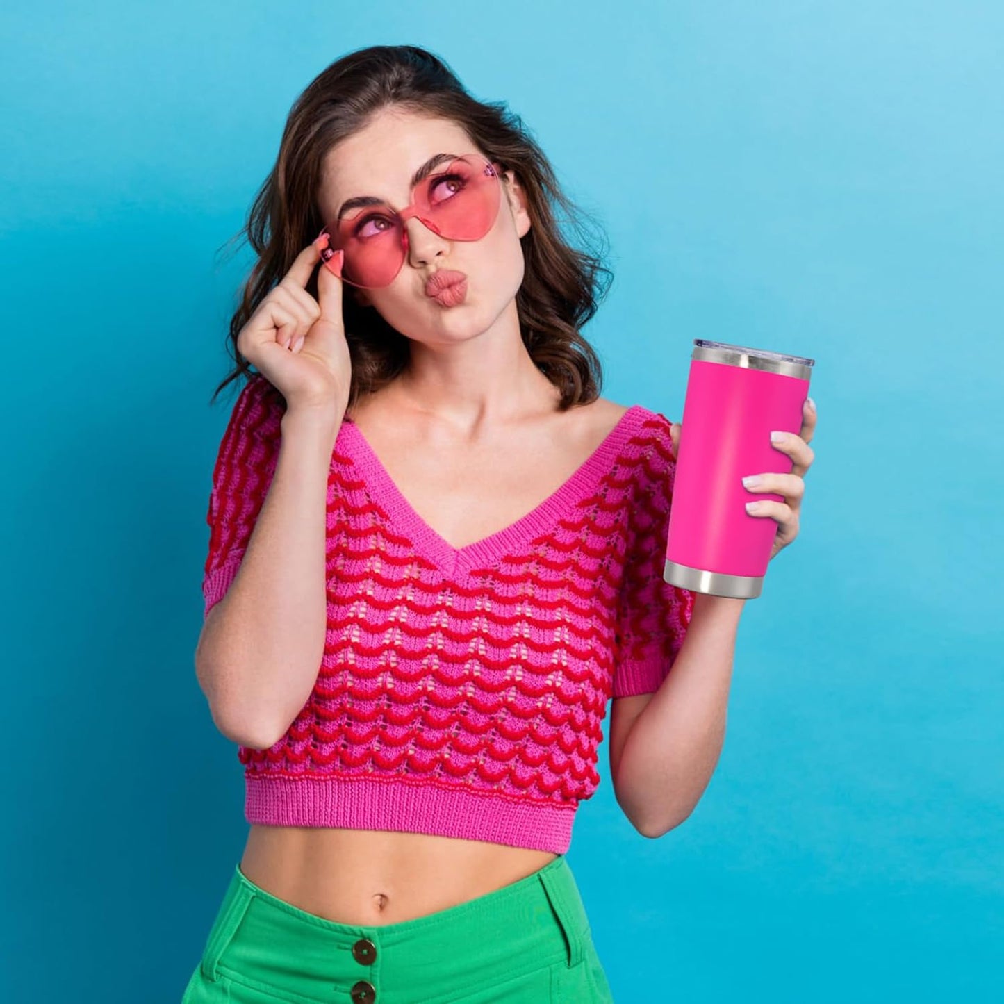 20 oz Tumbler with lid Double Wall Vacuum Insulated Tumblers Stainless Steel Coffee Mug Travel Coffee Tumbler Powder Coated Tumbler Cup Keep Hot&Cold - (Hot Pink 12 Pack)