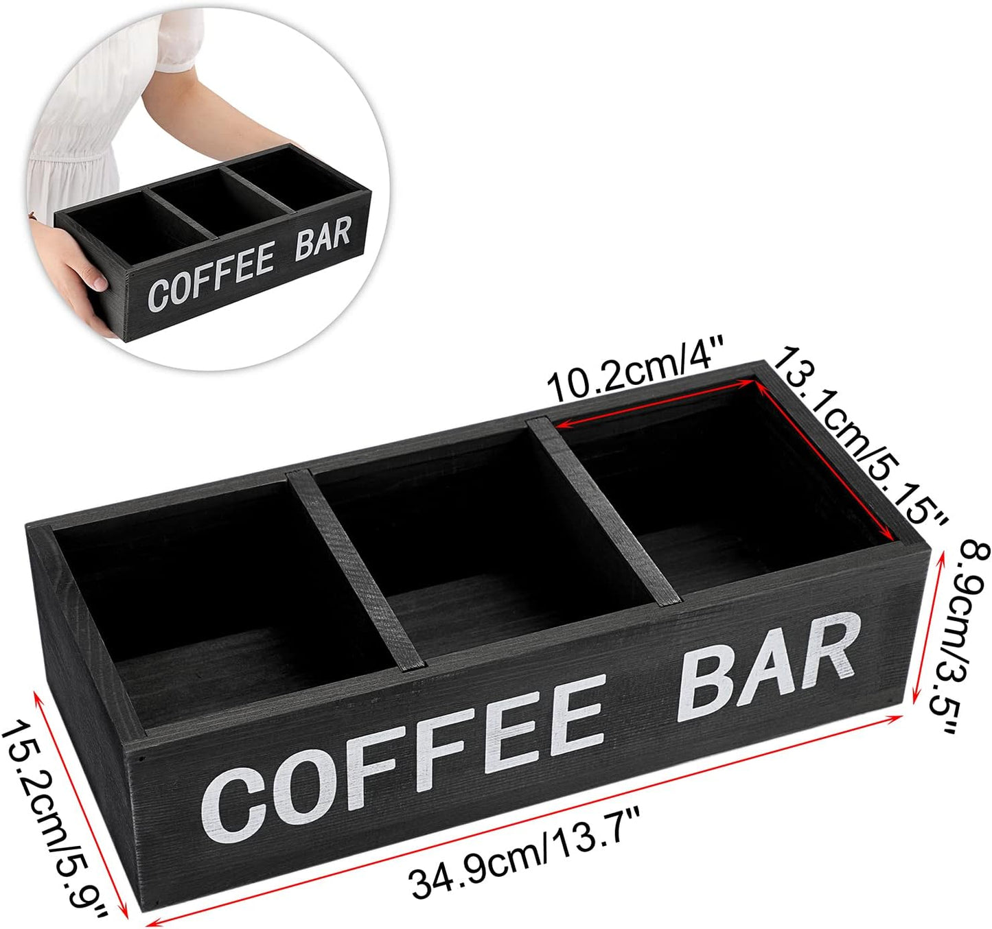 ELLDOO Coffee Bar Wooden Storage Box with Removable Grids, Station Organizer Pod Holder, Rustic Coffee Accessories for Counter, Farmhouse Kitchen, Black