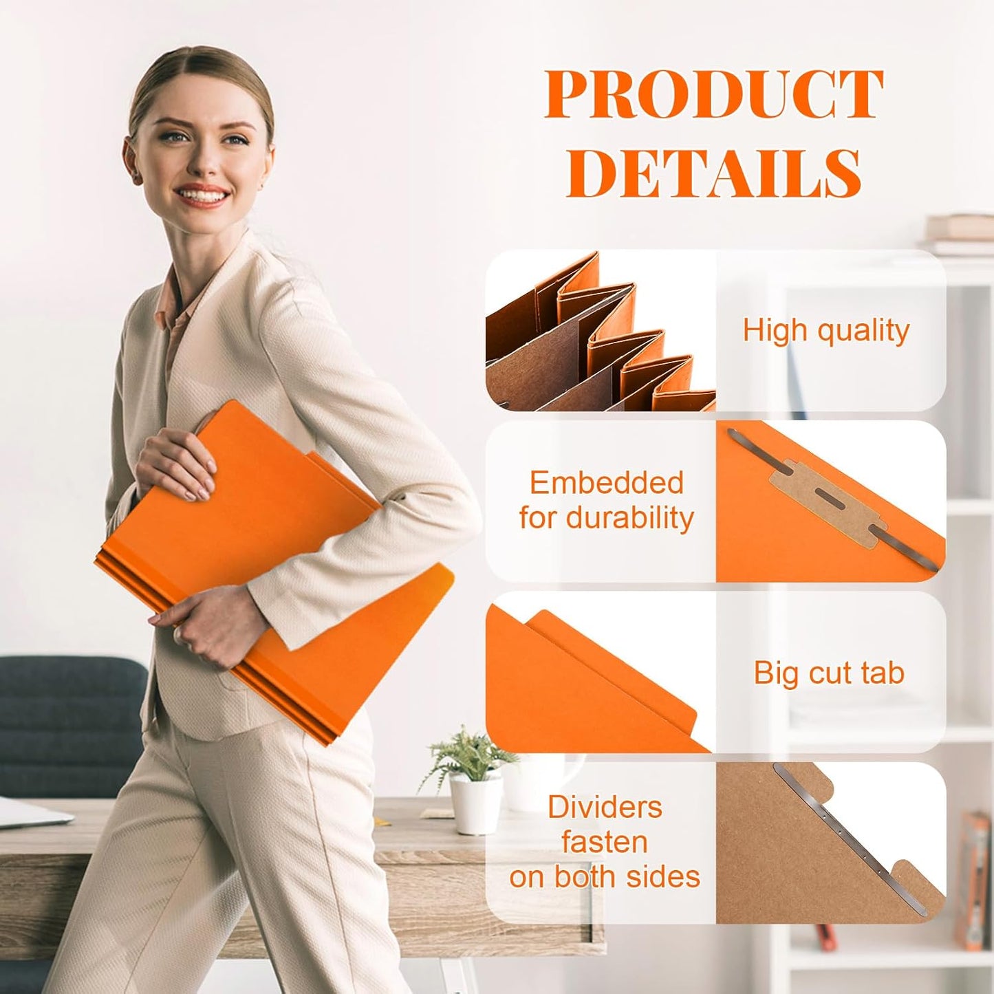 24 Pcs Classification Folders Letter Size, Back to School Supply for Teacher, Student, 3 Dividers Pressboard File Folder Bulk with 2 Fasteners, 3.5 Inch Expanding File Organizer (Orange)