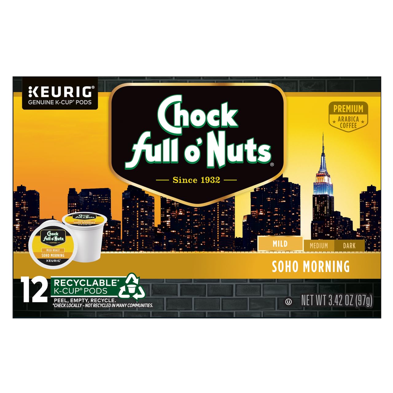 Chock Full o'Nuts Soho Morning Coffee, Mild Roast, Compatible with K-Cup Pods, 12 CT (Pack of 3)