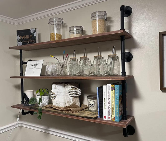 Floating Shelves,Wall Mounted Rustic Wood Shelf,Pipe Shelves,Industrial Pipe Shelving with Real Wood Planks 48 inch Industrial Wall Shelves Hanging Bookshelf Farmhouse Kitchen Bar Shelving