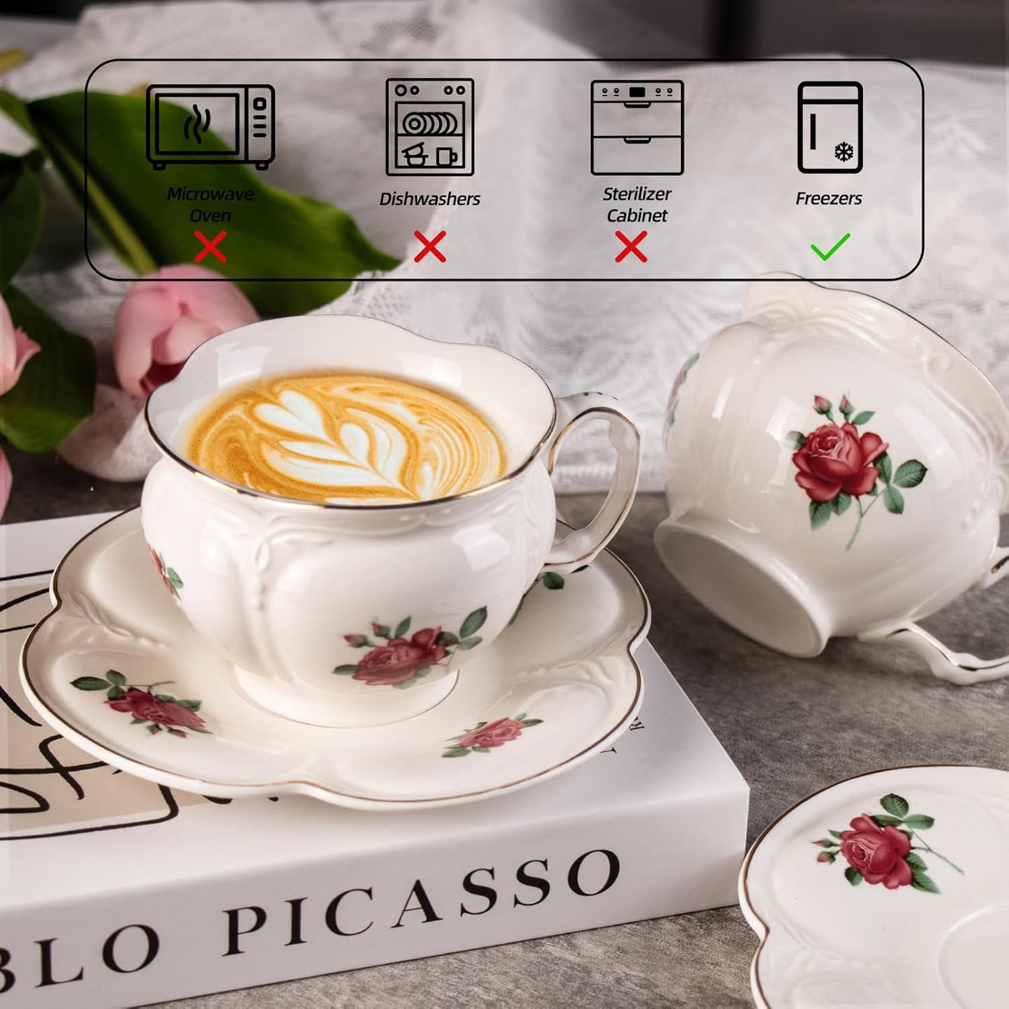 KAMMAK Tea Cups and Saucers Set of 2, Porcelain Coffee Cups, 6.8-Ounce Stackable Espresso Mugs, Ceramic Demitasse for Coffee, Latte, Americano, Tea, Baroque Rose