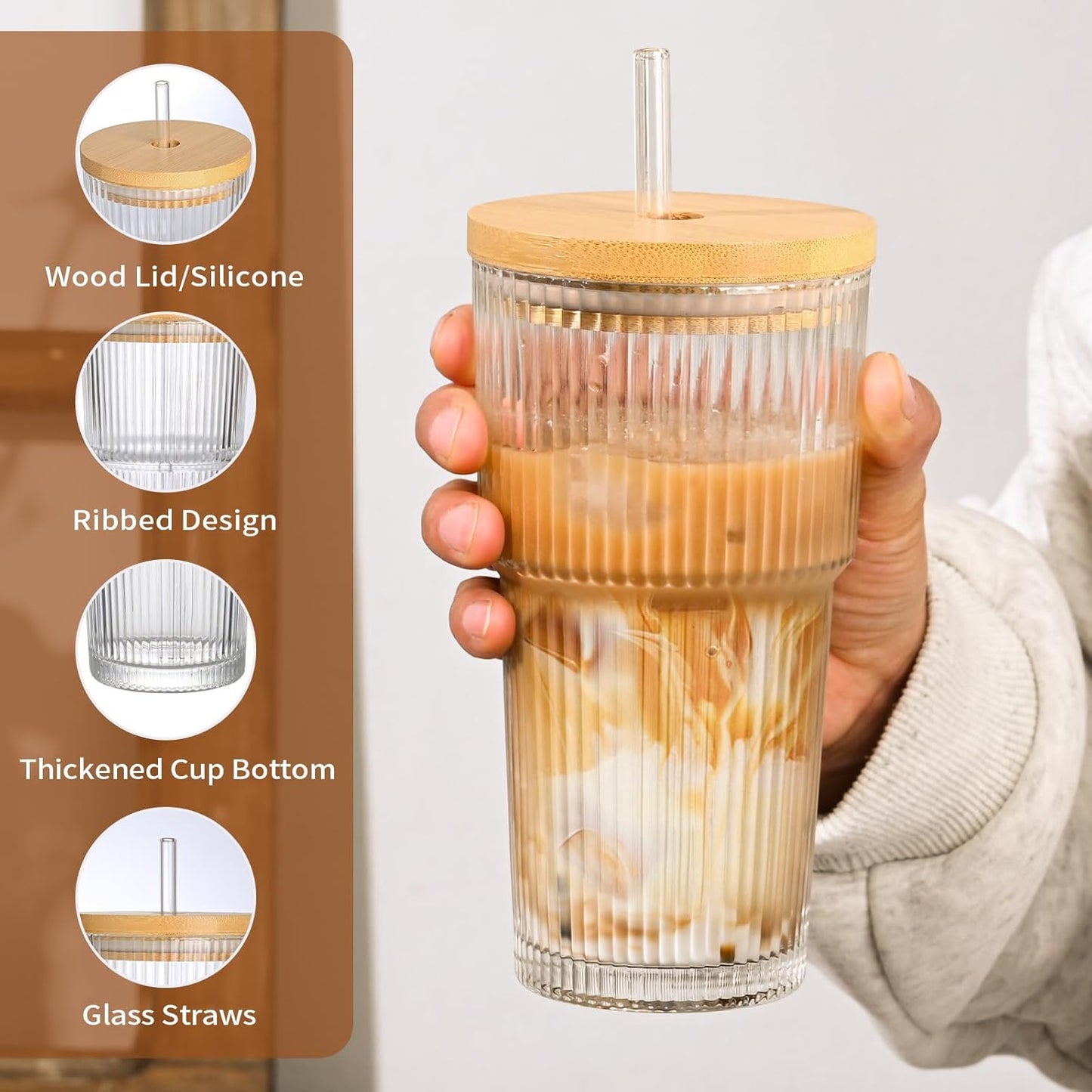 20oz Glass Cups with Lids and Straws,4PCS Ribbed Glass Coffee Cups,Iced Coffee Cups with Lid,Vintage Bamboo Tumbler for Juice,Smoothies
