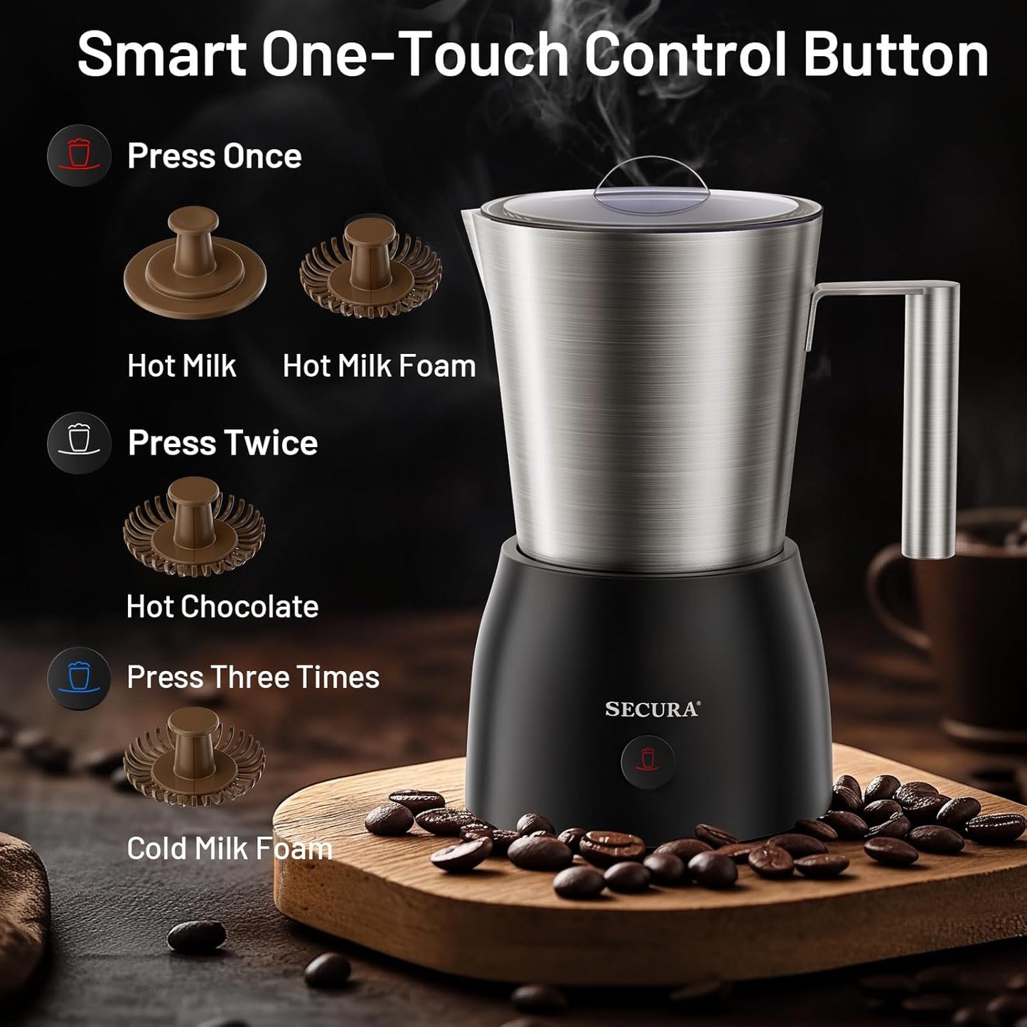 Secura Detachable Milk Frother, 17oz Electric Milk Steamer Stainless Steel, Automatic Hot/Cold Foam and Hot Chocolate Maker with Dishwasher Safe, 120V