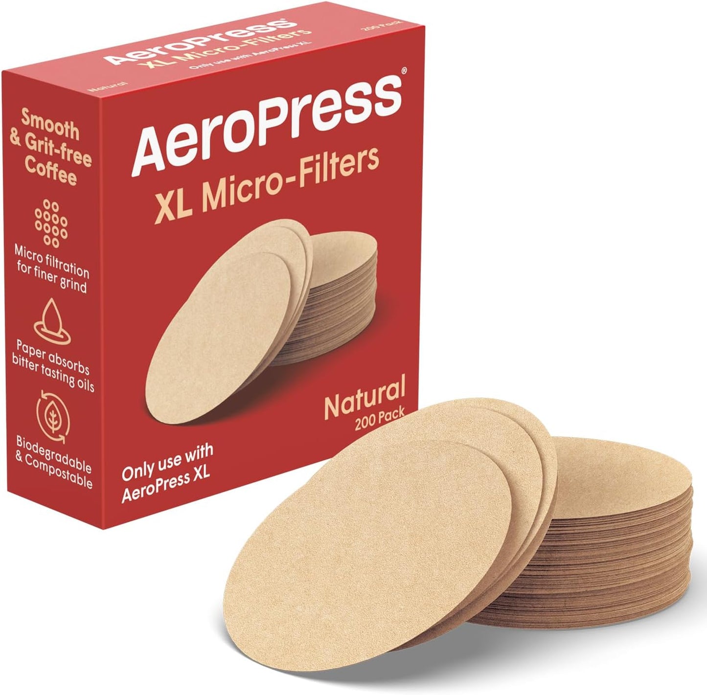 AeroPress XL Natural Paper Microfilters, AeroPress Coffee Filters, Unbleached Round Paper Filters for Coffee Makers, Must-Have Coffee Accessories, XL, 1 Pack, 200 Count