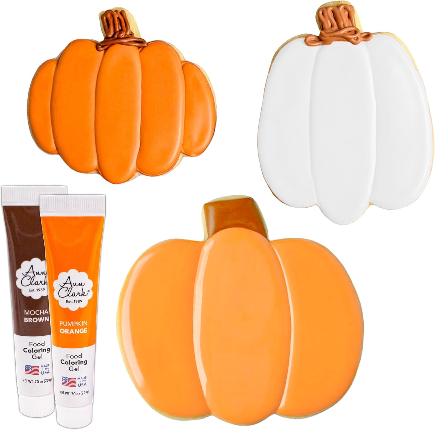 Ann Clark Pumpkin Cookie Cutters and Decorating 5-Pc. Set - Made in USA With Tall Pumpkin, Gourd Shapes, Brown & Orange Food Coloring Gel