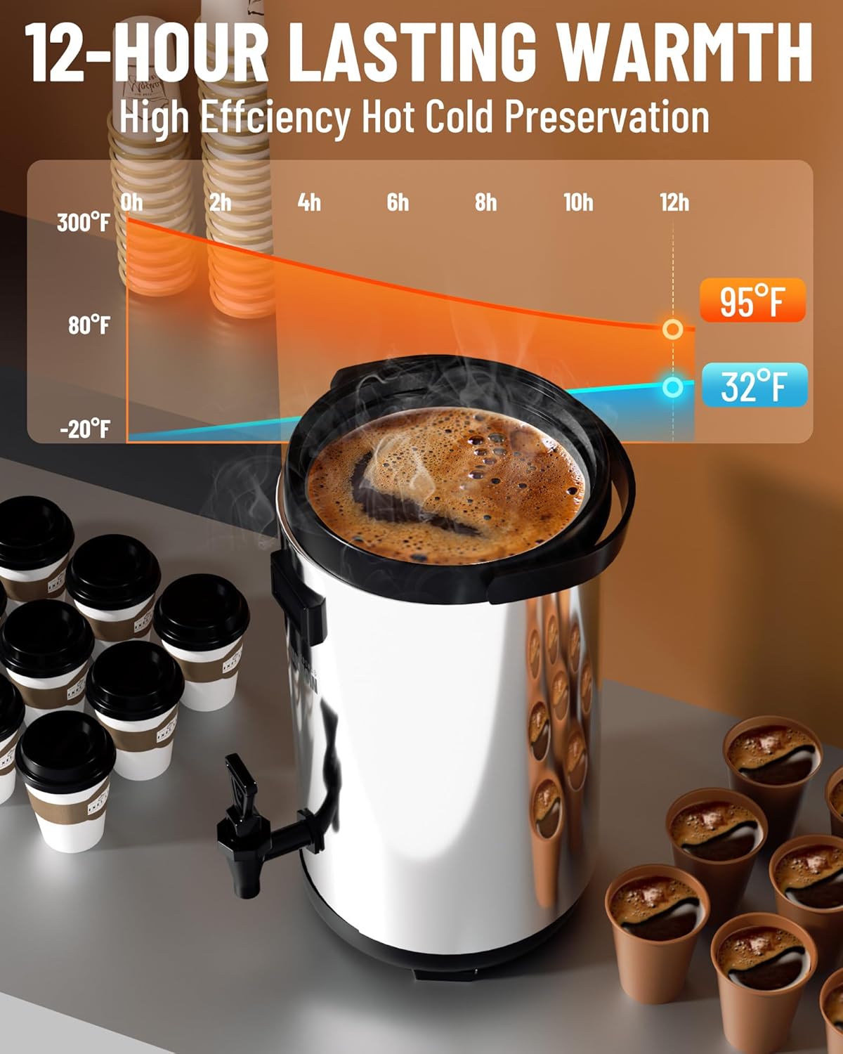 WantJoin Insulated Beverage Dispenser-75 Cup Hot&Cold water Urn for Catering-Stainless Steel Premium 12 L/3.2 Gallon Hot Drink Dispenser with Spigot for Coffee & Hot tea,Cold Milk,Water,Juice(Silver)
