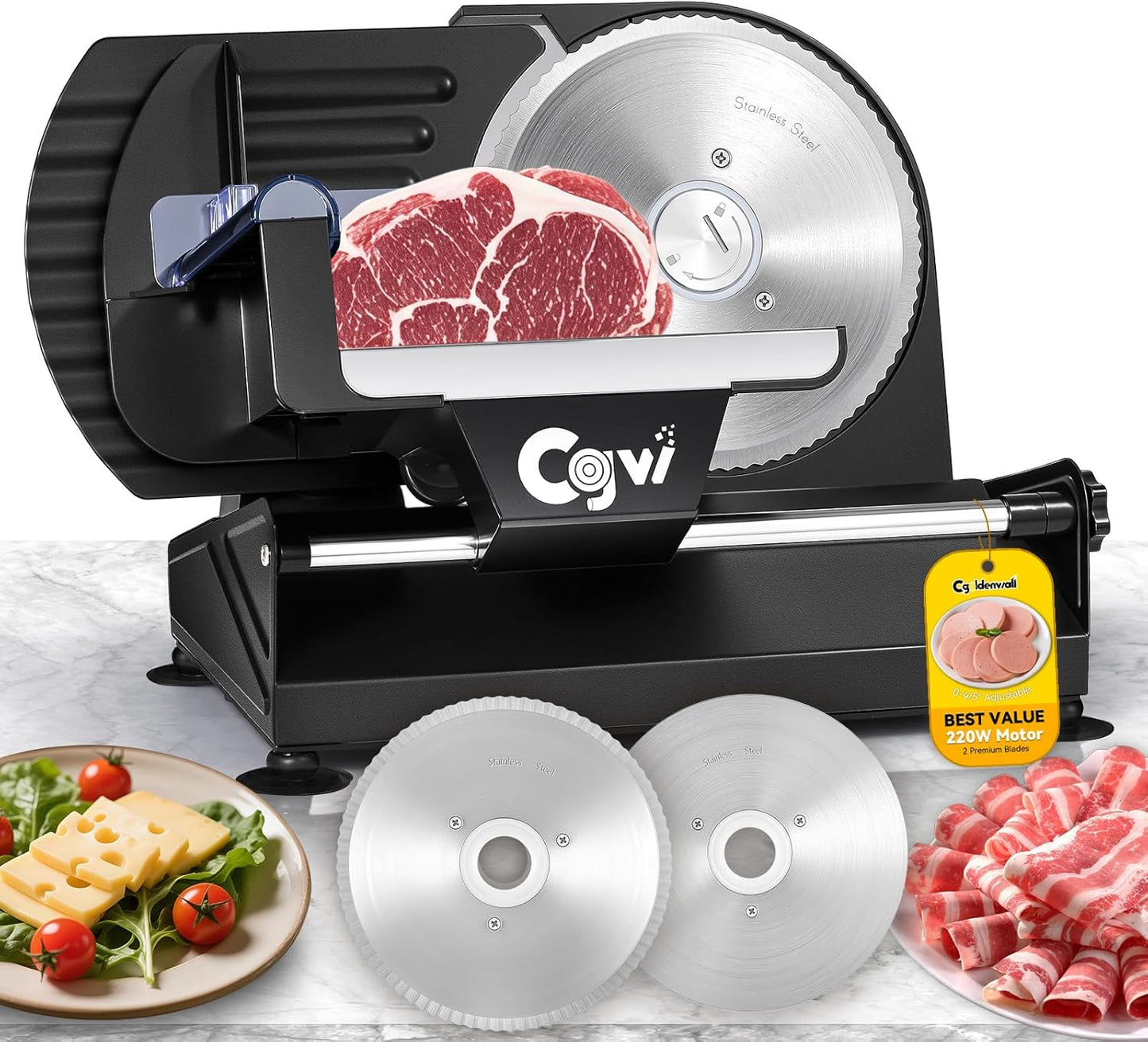 Meat Slicer, 220W Electric Deil Food Slicer with 2 Removable 7.5" Blades, 4/5" Adjustable Thickness, Food Slicer Machine for Home Cutting Meat Cheese Bread Vegetables, 110V CE
