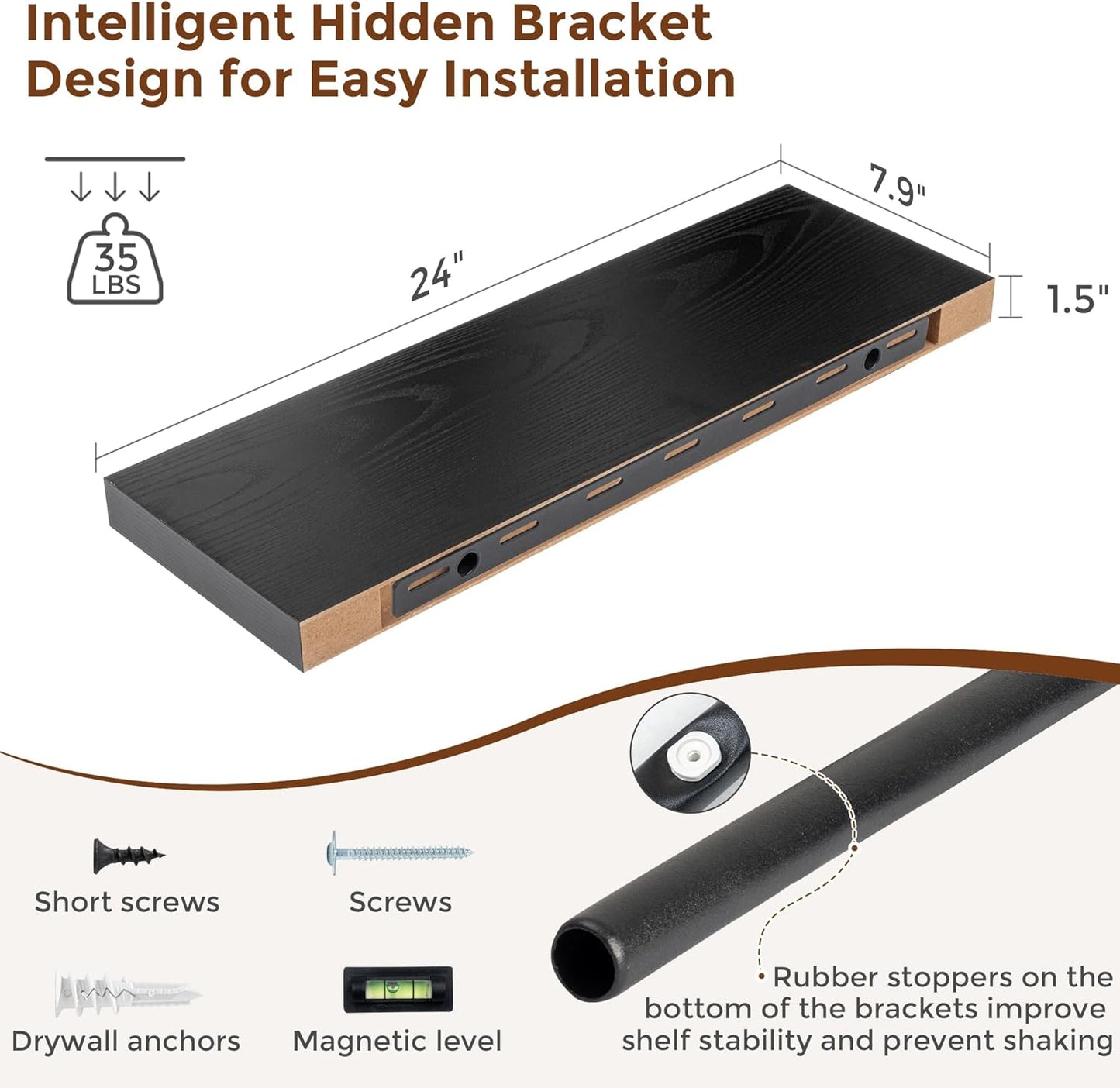 Heimlove 24 Inch Floating Shelves for Wall Black Shelves Set of 2,Wall Mounted Rustic Wood 8 Inch Deep Floating Shelf with Invisible Brackets for Bedroom Kitchen Living Room