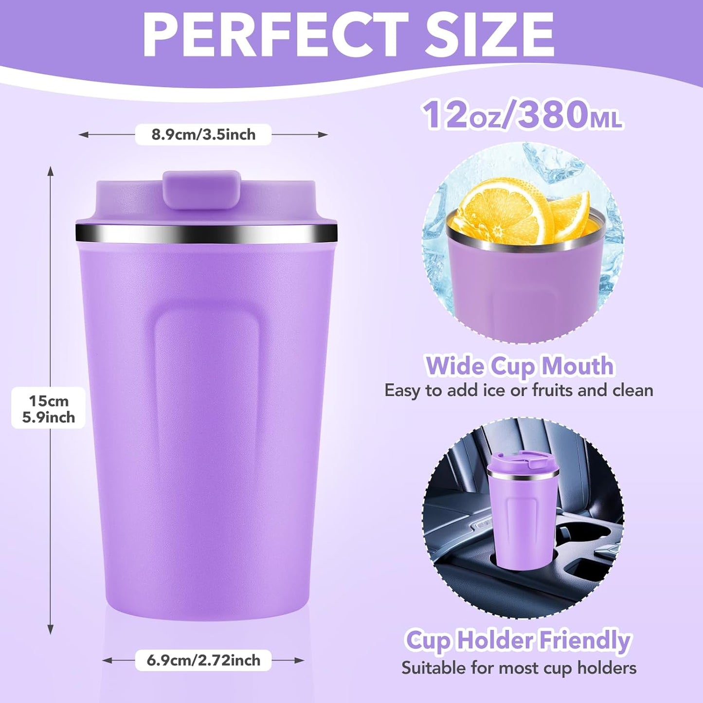 Volhoply 12 oz Double Wall Insulated Vacuum Travel Coffee Mug with Flip Lid Bulk 4 Pack,Reusable Stainless Steel Leak Proof Coffee Cups,Portable Cafe Thermal Tumbler for Hot&Cold Drinks(Purple,4 Set)