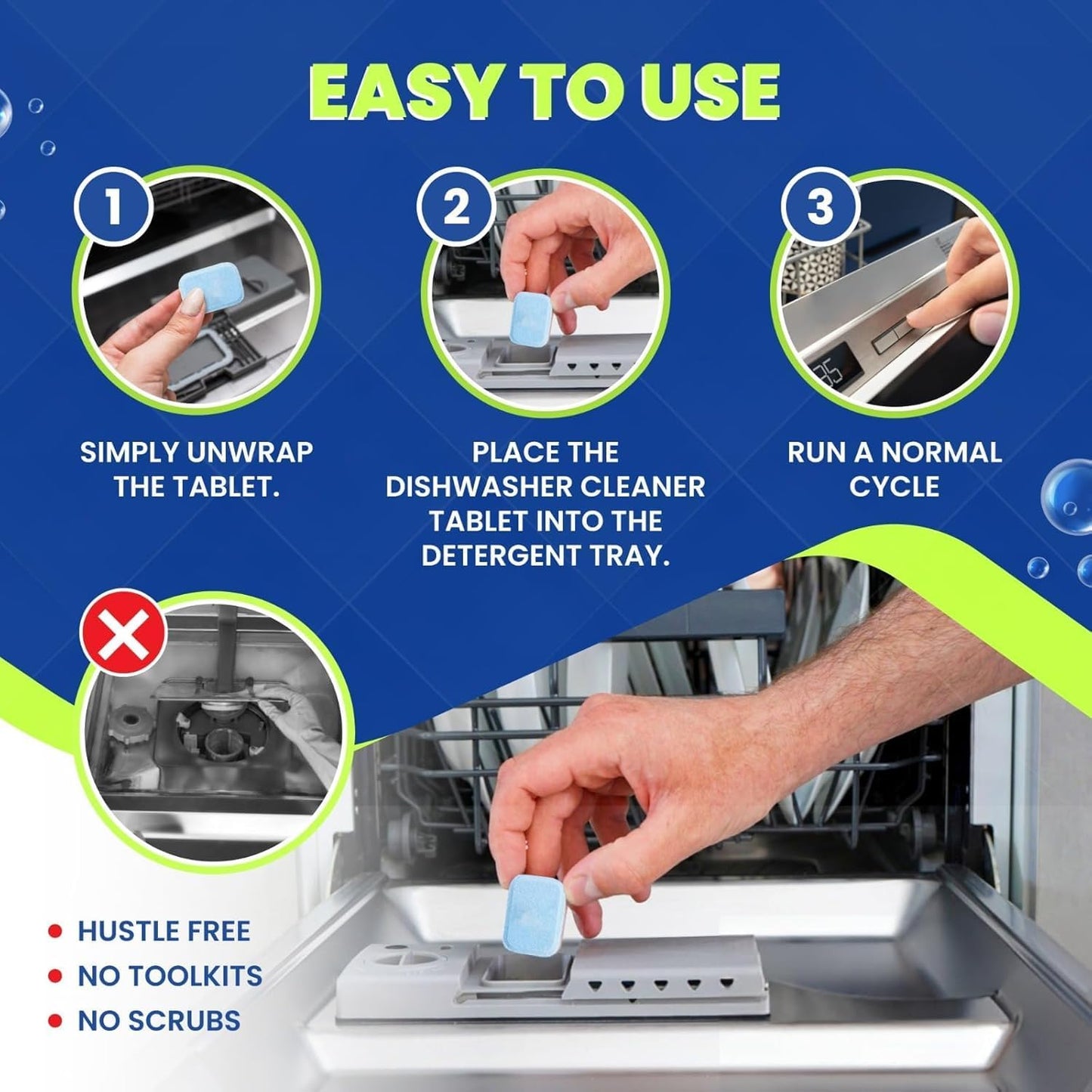 True Fresh Dishwasher Cleaner & Deodorizer Tablets 18-Pack, 20g Each - Powerful Limescale & Odor Removal - Deep Clean for Sparkling Dishwashers - Safe, Effective, and Compatible with All Models