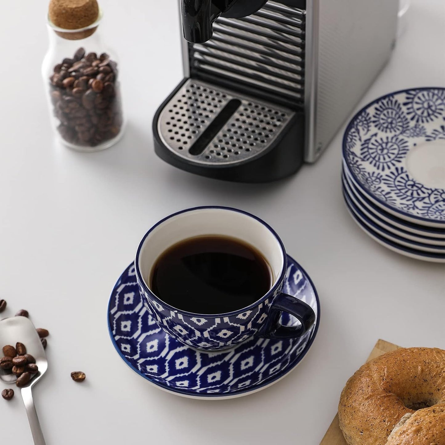 Selamica Ceramic 8 oz Cappuccino Cup Set with Saucers, Espresso Coffee Cups, Latte Macchiato for Party Cafe Home, Set of 6, Vintage Blue