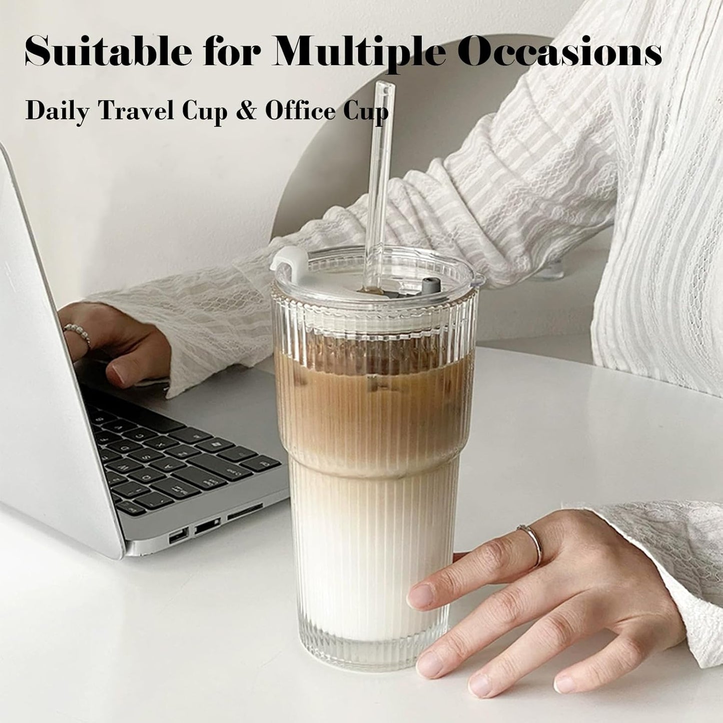 2 Pack Iced Coffee Cup with Lids, 20oz Clear Glass Tumbler with Straw & Lid, Ribbed Glassware Cups, Dishwasher Safe Drinking Glasses, Stylish Glass Cups for Coffee, Juice, Tea, Matcha