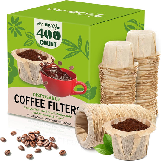 VIVI SKY Disposable K Cup Coffee Filters,400 Count Coffee Filter Paper Filters for Keurg Brewers Single Serve 1.0 and 2.0, Use with Reusable K Cup Coffee Pods (400, Unbleached)