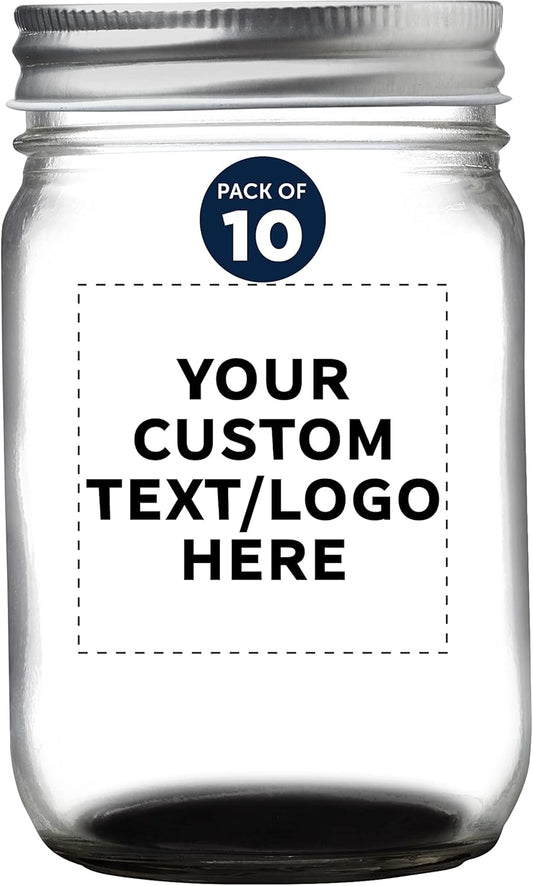 DISCOUNT PROMOS 10 Decorating Mason Jars Set, 12 oz. - Customizable Text, Logo - Canning, Aluminum Lid - Black