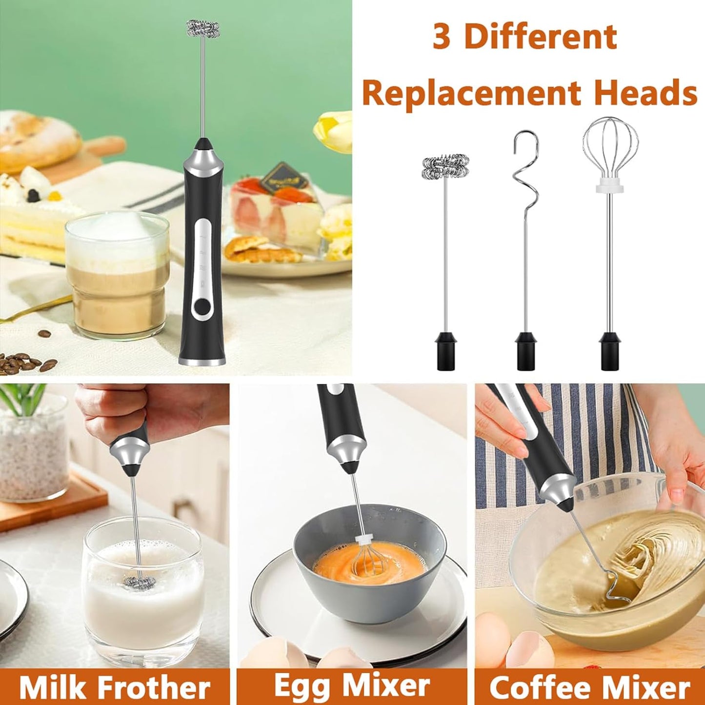 Rechargeable Milk Frother with Stand,Handheld Electric Foam Maker, Waterproof Detachable 3-Speed Adjustable Drink Mixer & Milk Foamer with 3 Stainless Steel Whisks for Lattes, Cappuccino