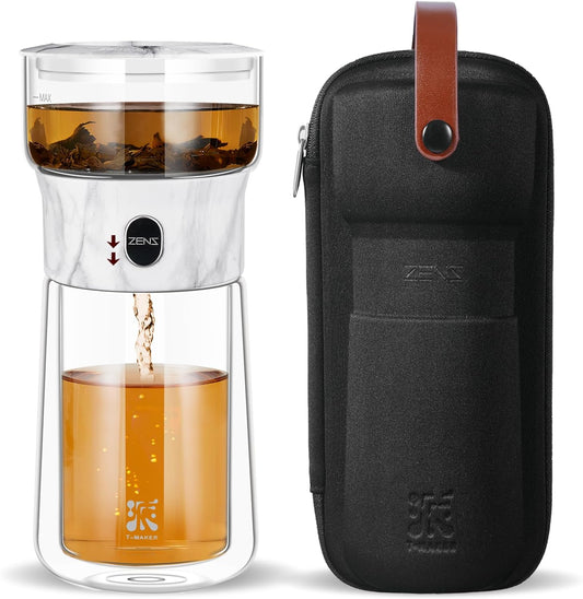ZENS Modern One Touch Tea Maker, Glass Teapot with Infuser for Loose Leaf Tea Diffusers, Mess-Free Smart Pouring with Insulated Mug and Portable Tea Kits for Tea Lover Gifts