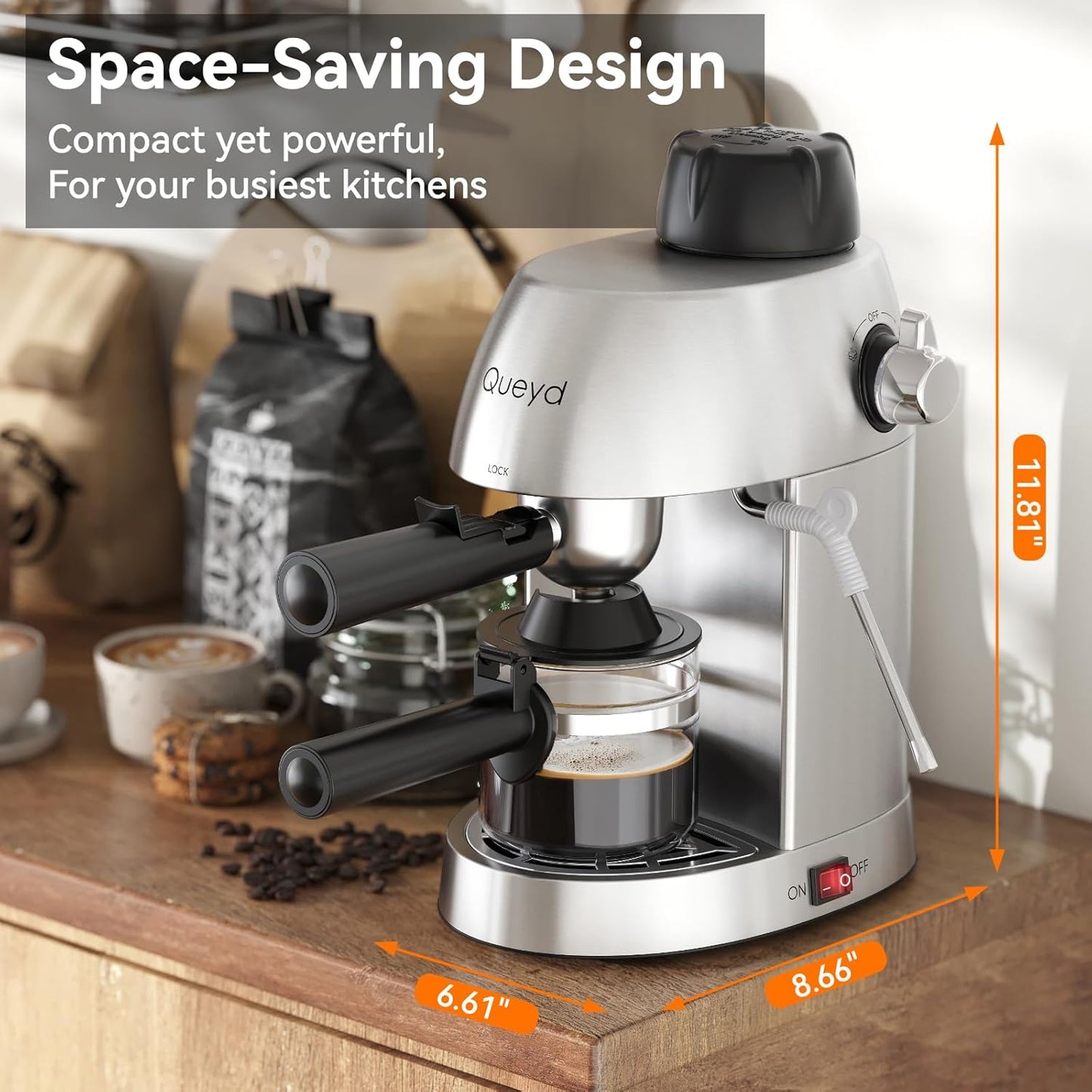 Queyd 3.5 Bar Espresso Machine,4-Cup Stainless Steel Coffee Maker with Steam Milk Frother, Compact Design Coffee Machine with Removable Drip Tray for Latte and Cappuccino, Silver