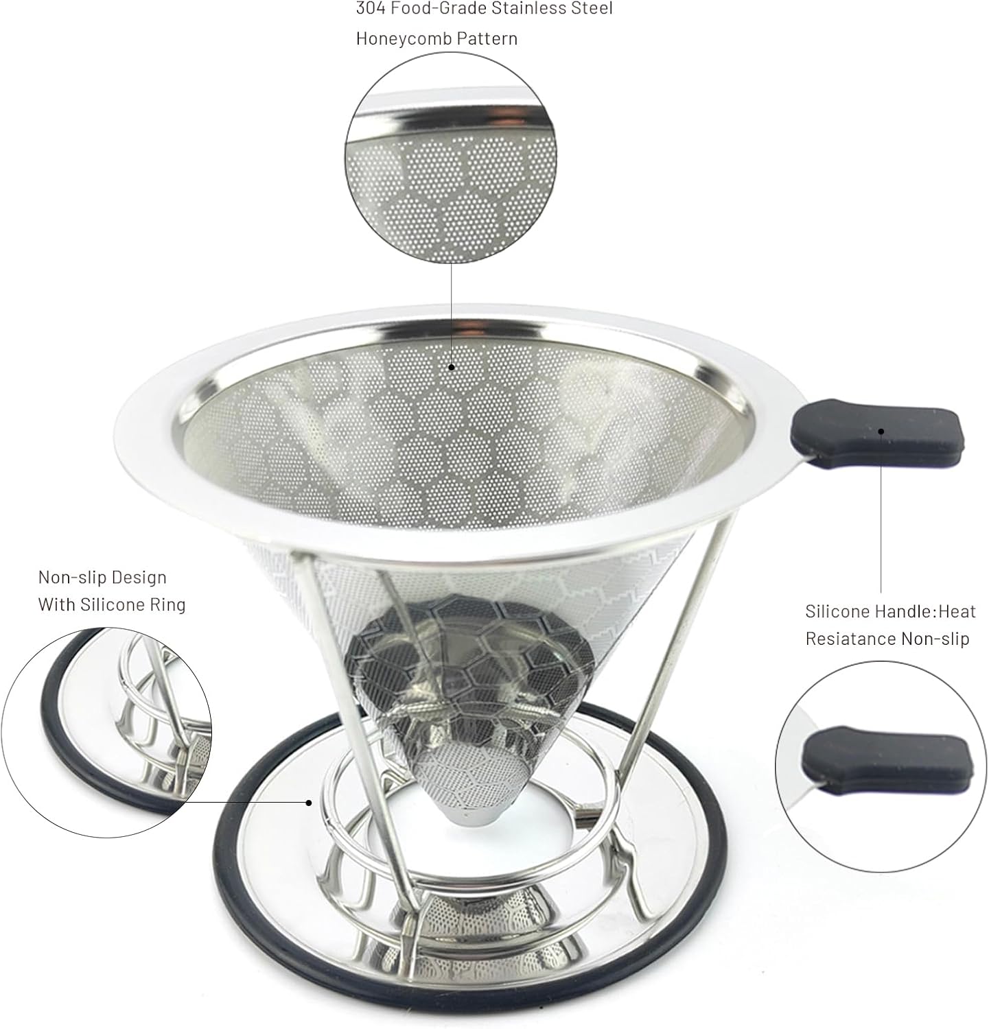 Pour Over Coffee Dripper, Stainless Steel Coffee Filter, Reusable Coffee Filter, Metal Cone Filter with Removable Cup Holder and Cleaning Brush