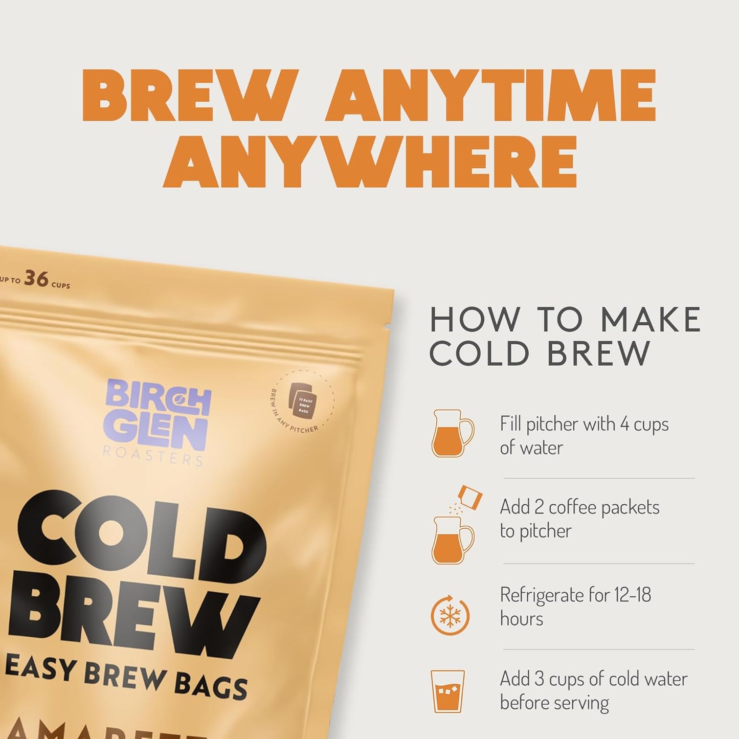 Birch Glen Roasters Cold Brew Coffee Bags - 12 Pack of Coarse Ground Coffee Filter Pitcher Packs for Easy Brewing - 100% Arabica - Yields 6 Pitchers - Dark Roast