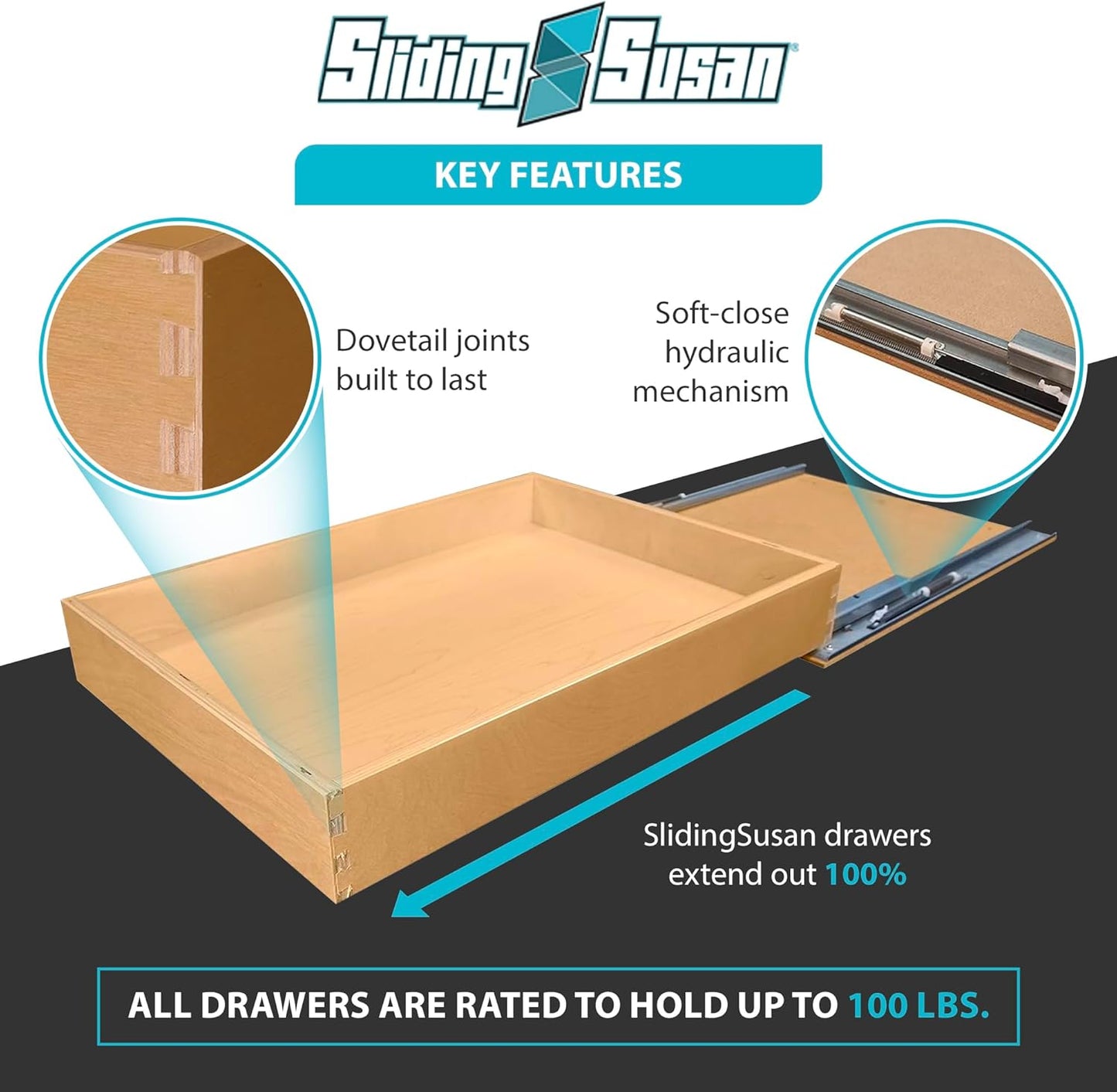 SlidingSusan Pull Out Drawer Organizer for Cabinets, Gliding Soft Close Shelves for Kitchen, Pantry, Bathroom, & Storage Organization, 9 Ply Baltic Birch, 16 Inch Wide x 18 Inch Deep