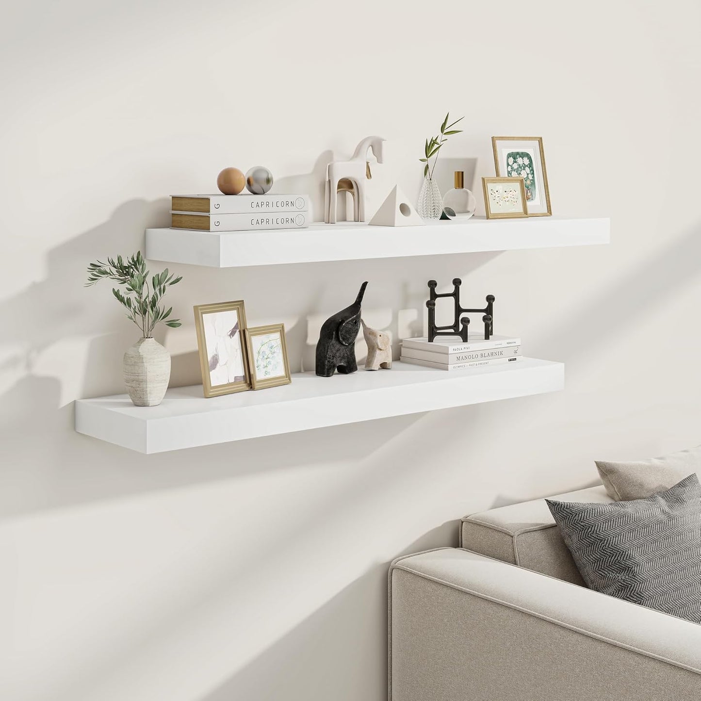 Fun Memories White Floating Shelves for Wall, 30 x 9 Inch Floating Shelf Set of 2, Rustic Natural Wood Wall Shelves, 9" Deep White Bathroom Shelves for Storage & Display