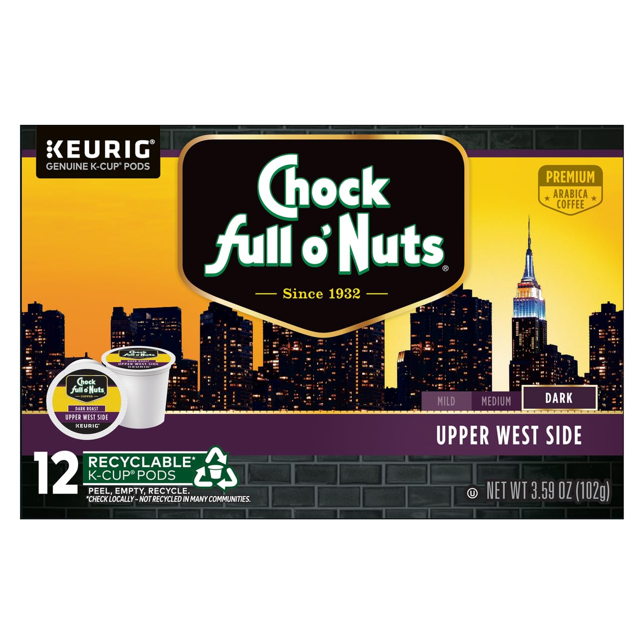 Chock Full o'Nuts Upper West Side Coffee, Dark Roast, Compatible with K-Cup Pods, 12 CT (Pack of 3)