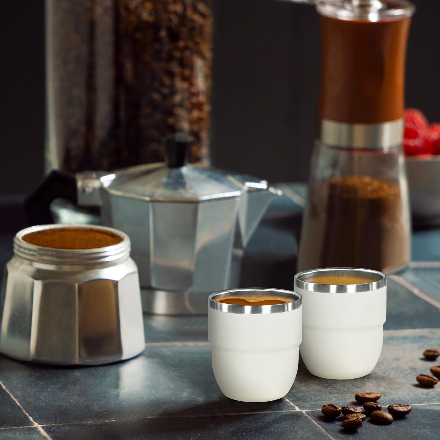 4oz Stackable Cup, Vacuum Insulated Espresso Cup Set of 2, Espresso Shot Glass for Coffee, Double Wall Stainless Steel Mini Tumbler Shot Glasses with Straw and Lid (A-white2P, 4oz)