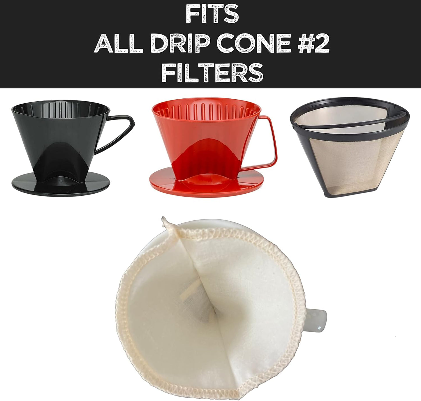 (2-Pack) Reusable Organic Cotton Cone #2 Coffee Filter — Cloth Filters for Coffee Dripper, Pour Over Coffee Dripper & Coffee Makers that Use 2-6 Cup Cone Coffee Filters