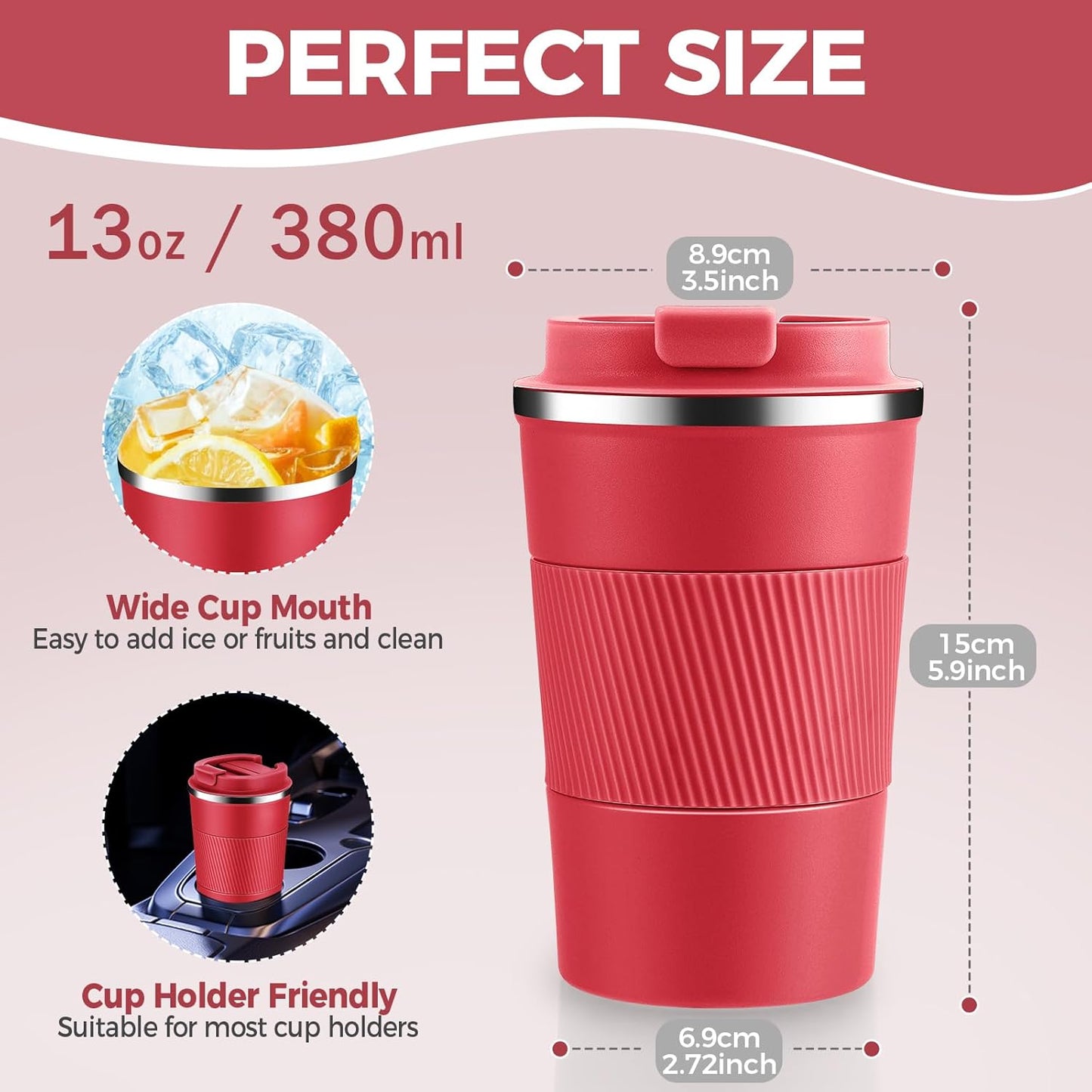 Volhoply 13 oz Stainless Steel Insulated Travel Coffee Mug with Fip Lid Bulk 8 Pack,Reusable Double Wall Vacuum Metal Coffee Cup,Portable Leak Proof Thermal Tumbler for Hot & Cold Drinks(Red,8)